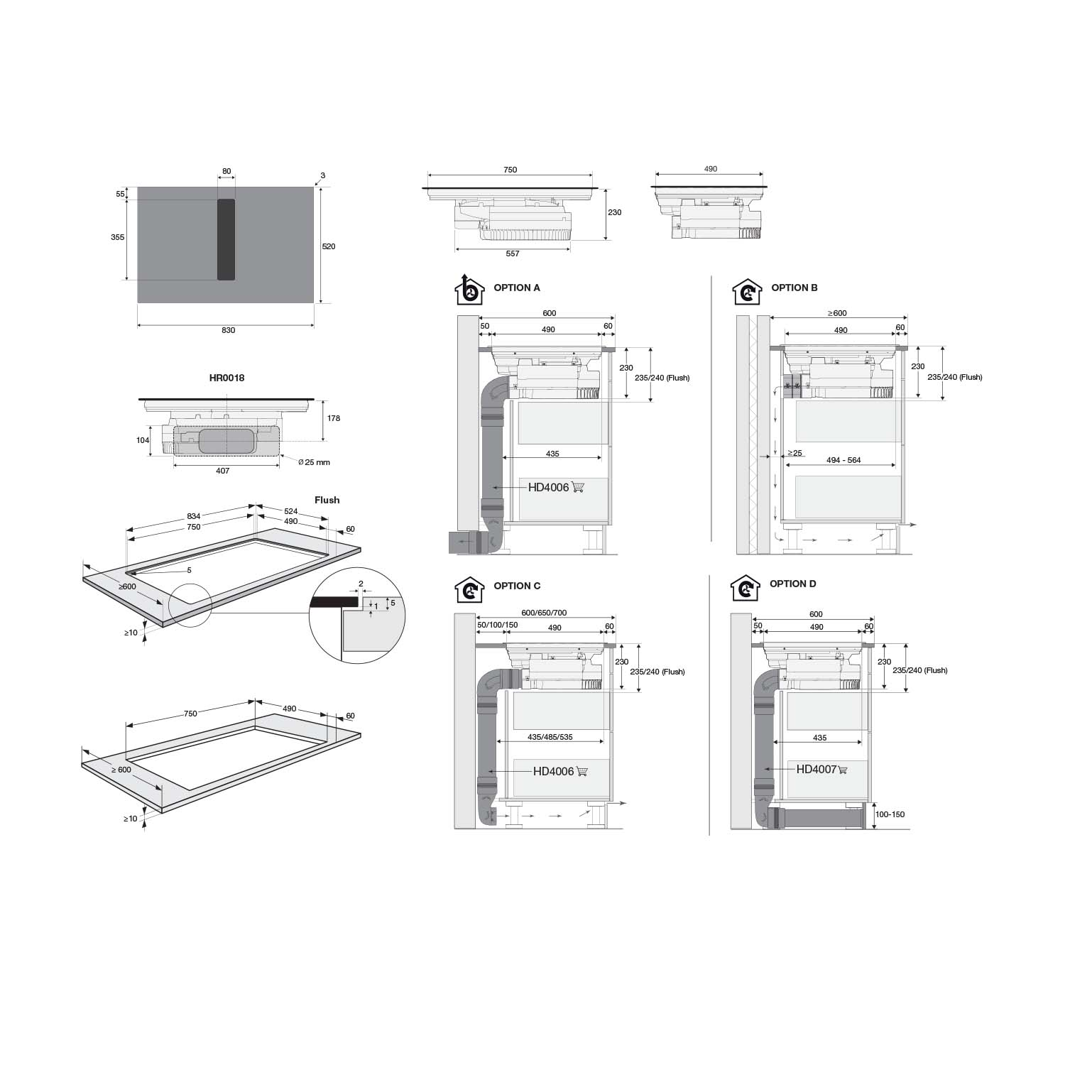 Disegni tecnici di piani cottura con dimensioni e opzioni di installazione A, B, C, D.