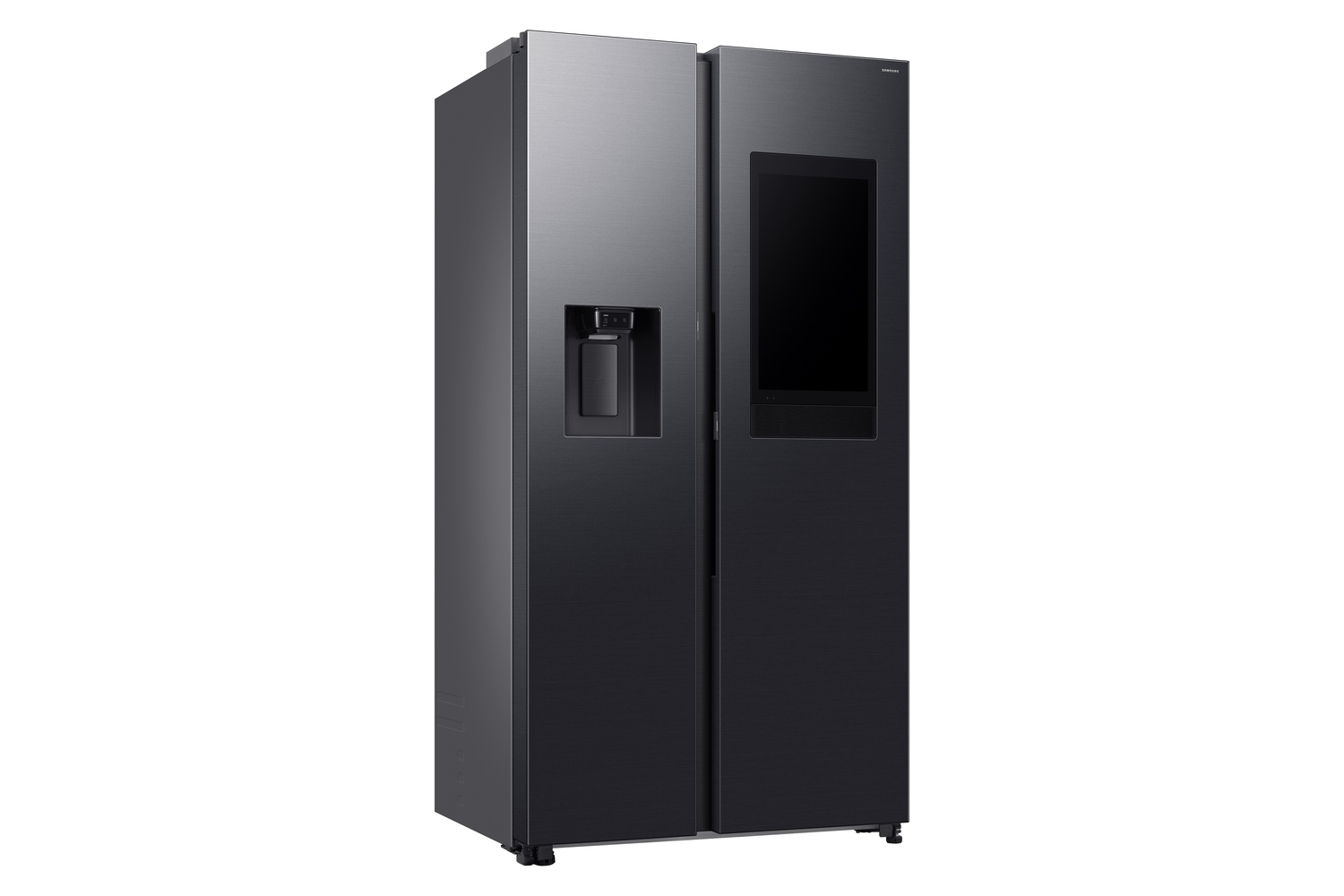Refrigerador negro de dos puertas con pantalla táctil en la puerta derecha.