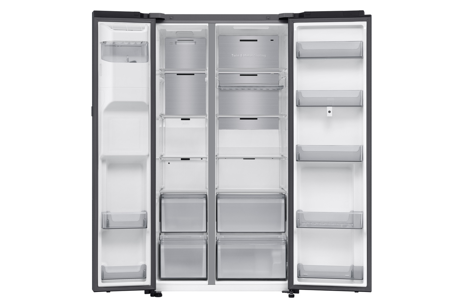 Refrigerador abierto y vacío con dos puertas, múltiples estantes y cajones.