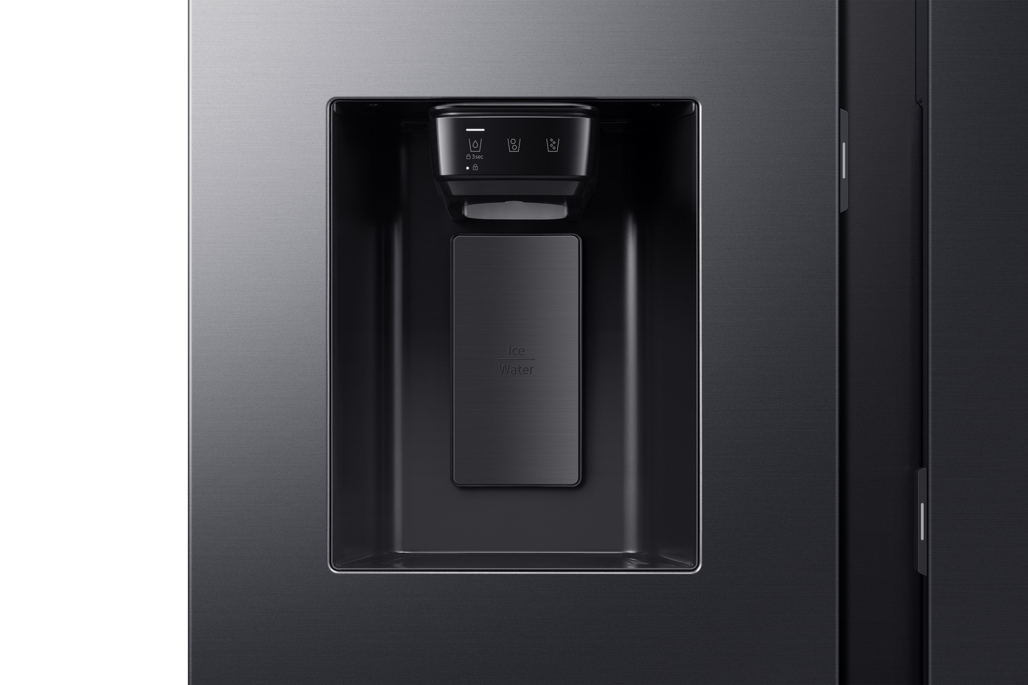 Elegante dispensador de agua negro para refrigerador con controles y bandeja de hielo.