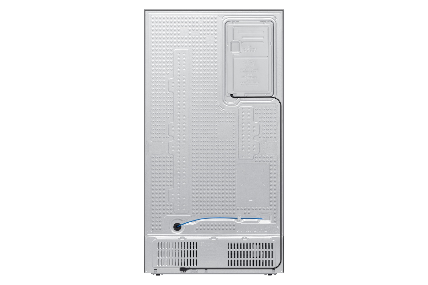 Parte trasera de un refrigerador plateado con rejilla de ventilación y cables.