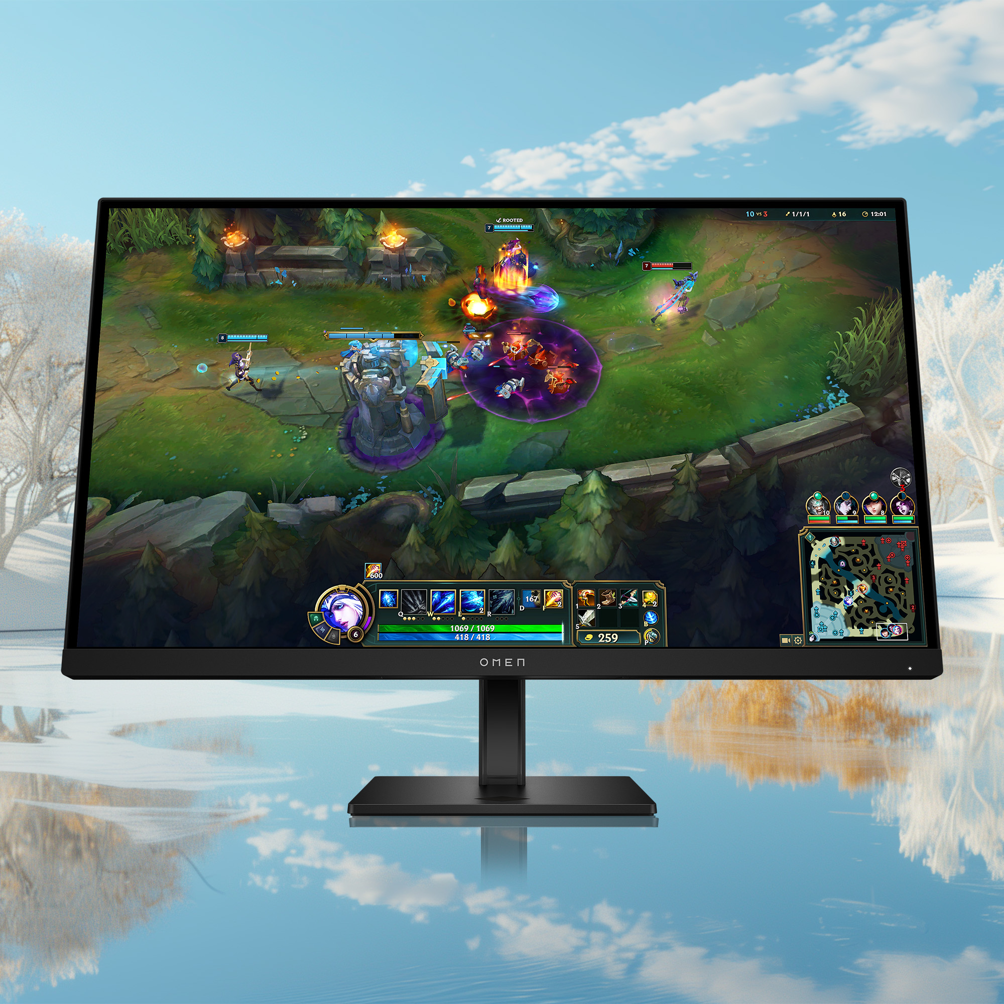 Ein Omen-Monitor zeigt ein League of Legends-Spiel mit winterlicher Kulisse.