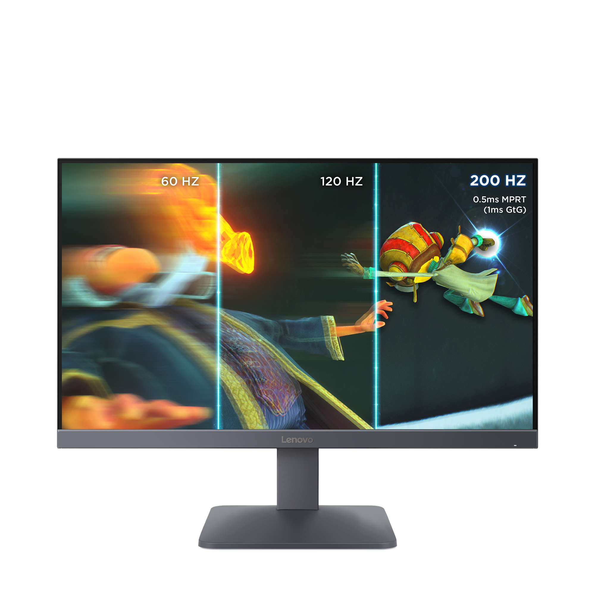 Lenovo-Monitor zeigt Spielszenen mit 60Hz, 120Hz und 200Hz.