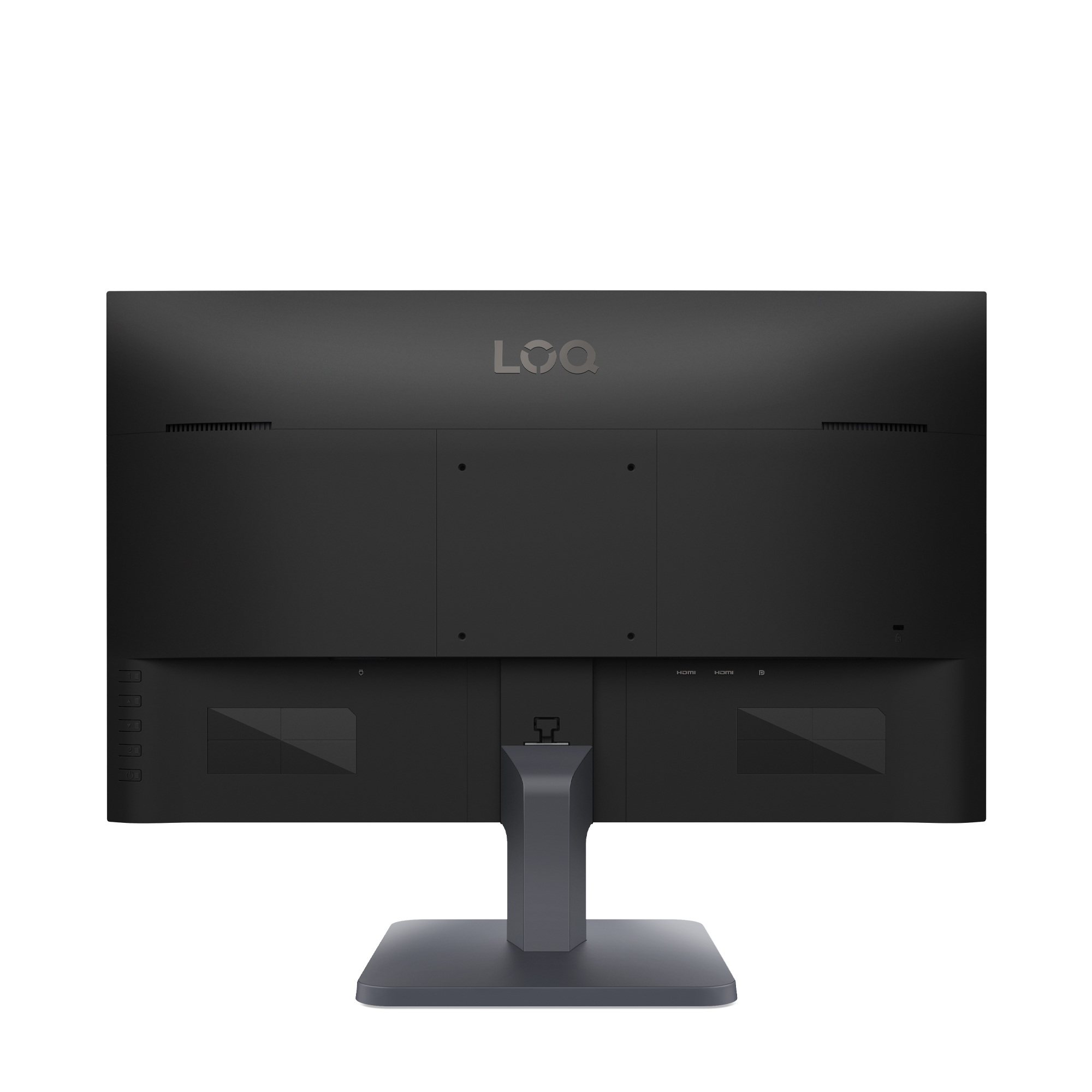 Rückseite eines schwarzen Monitors mit LOQ-Logo, Anschlüssen und Standfuß.
