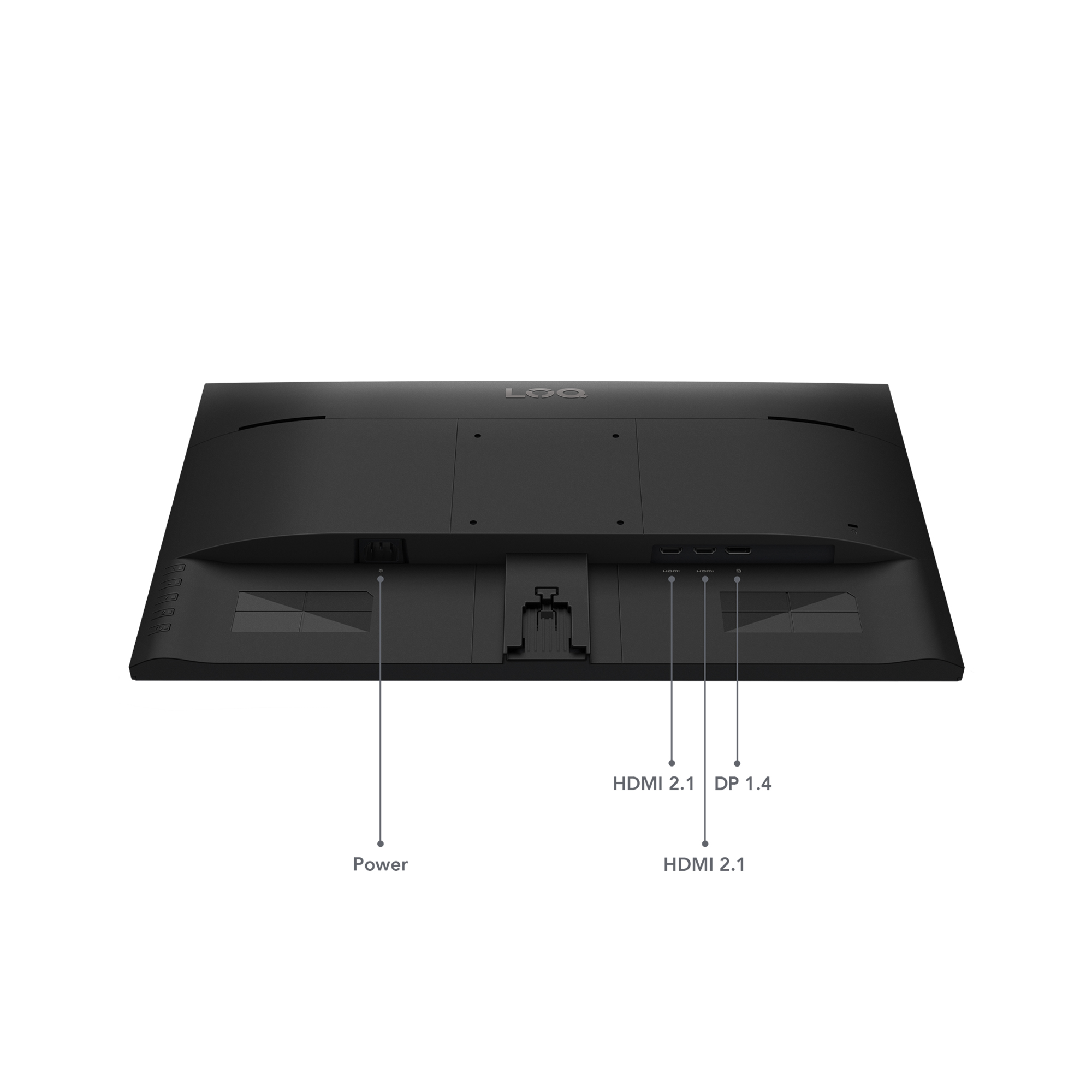 Rückseite eines schwarzen Monitors mit Anschlüssen: Strom, HDMI 2.1, DP 1.4.