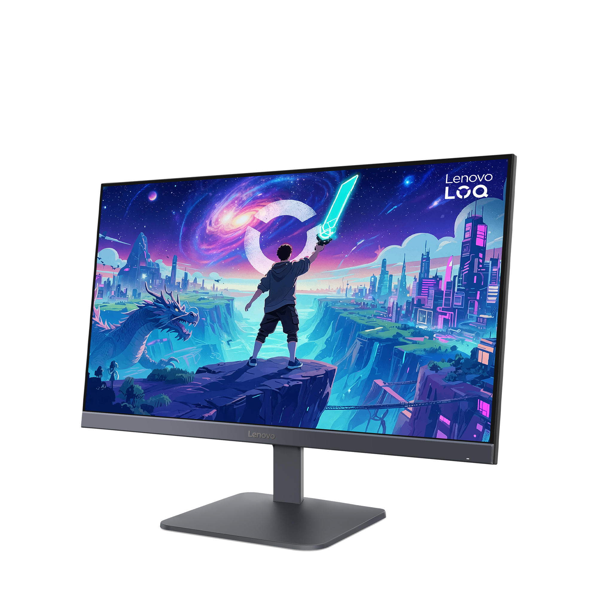 Ein Monitor zeigt eine Fantasielandschaft mit einem Drachen, Stadt und einem Jungen mit Schwert.