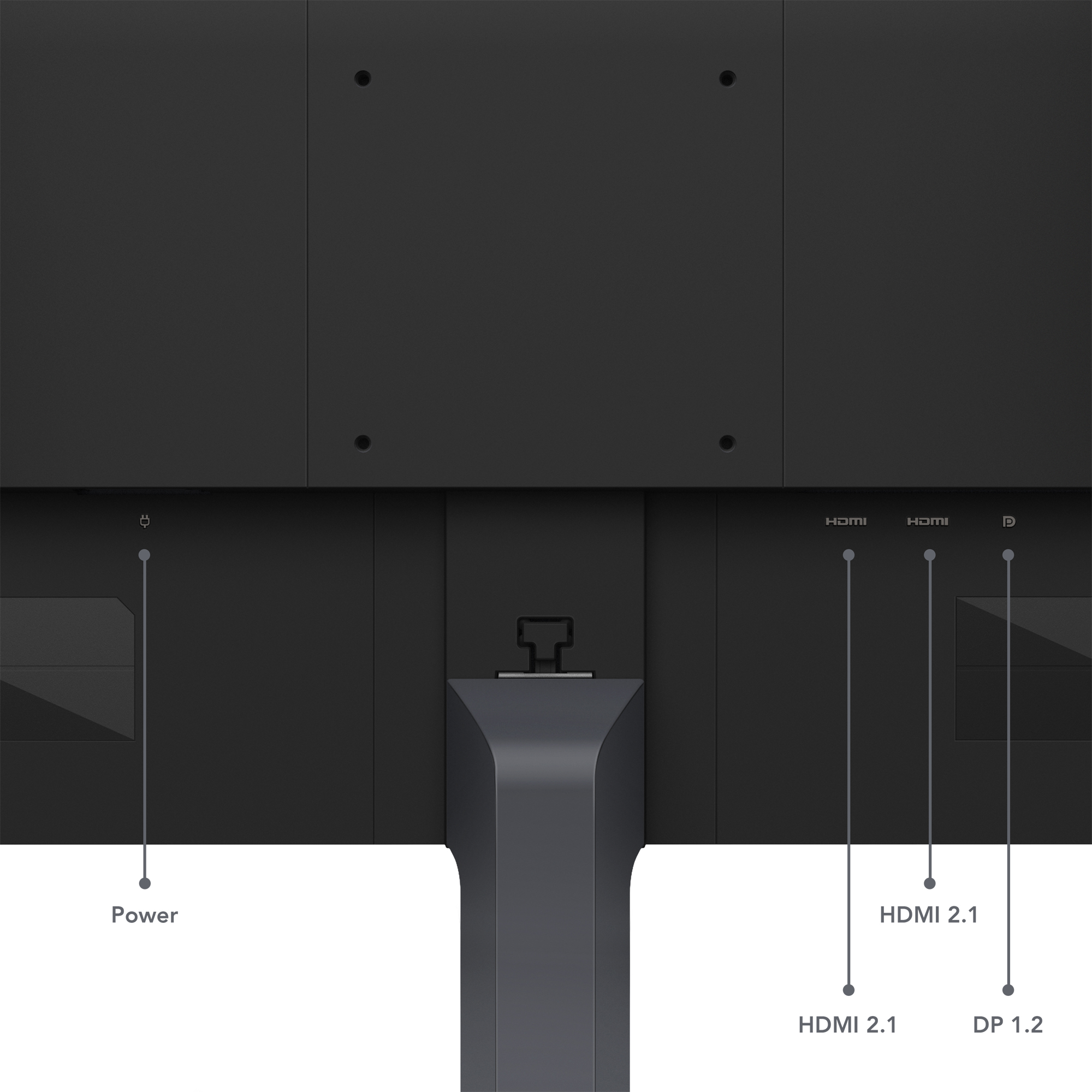 Rückseite eines Monitors mit Anschlüssen: Strom, HDMI 2.1, HDMI 2.1 und DP 1.2.
