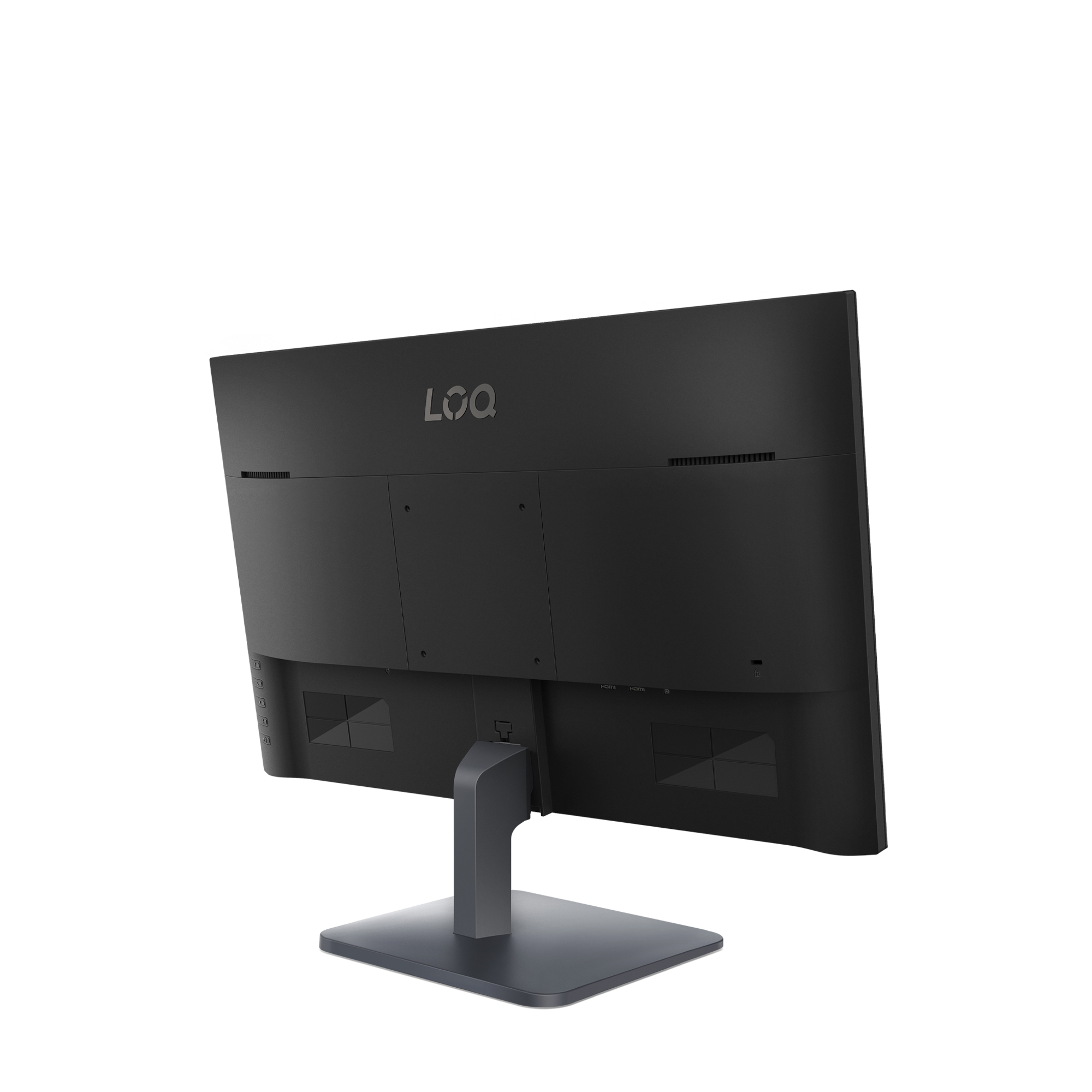 Rückseite eines schwarzen Monitors mit LOQ-Logo und Anschlüssen.
