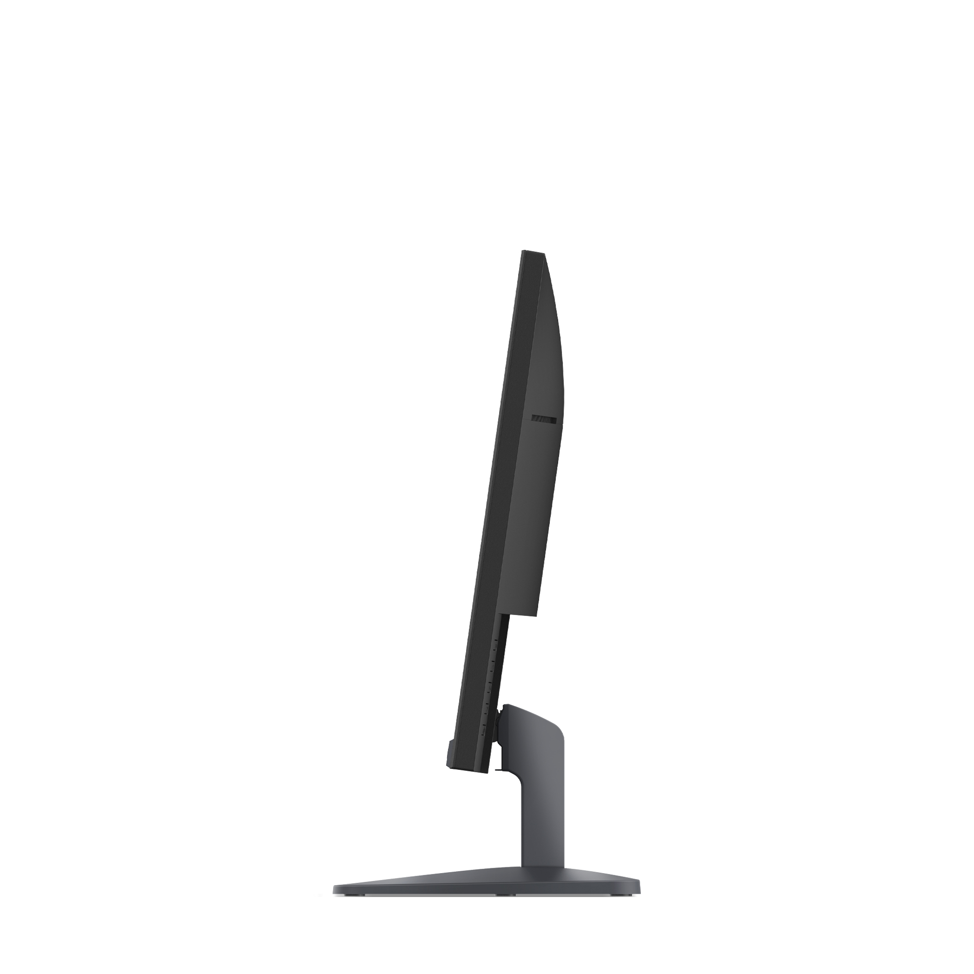 Ein schwarzer Computermonitor mit Ständer auf weißem Hintergrund, von der Seite gesehen.