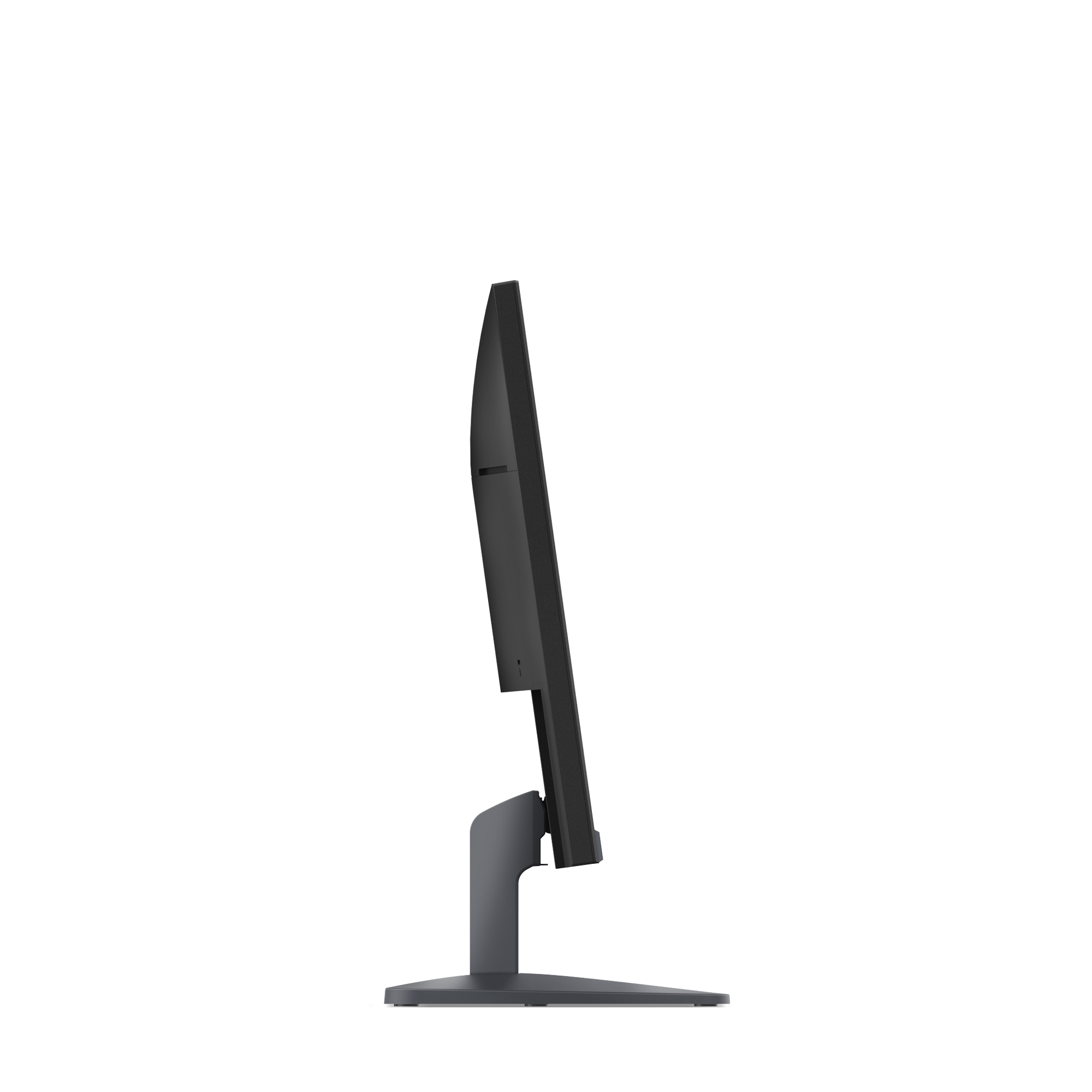 Ein schwarzer Computermonitor mit Ständer, von der Seite gesehen.