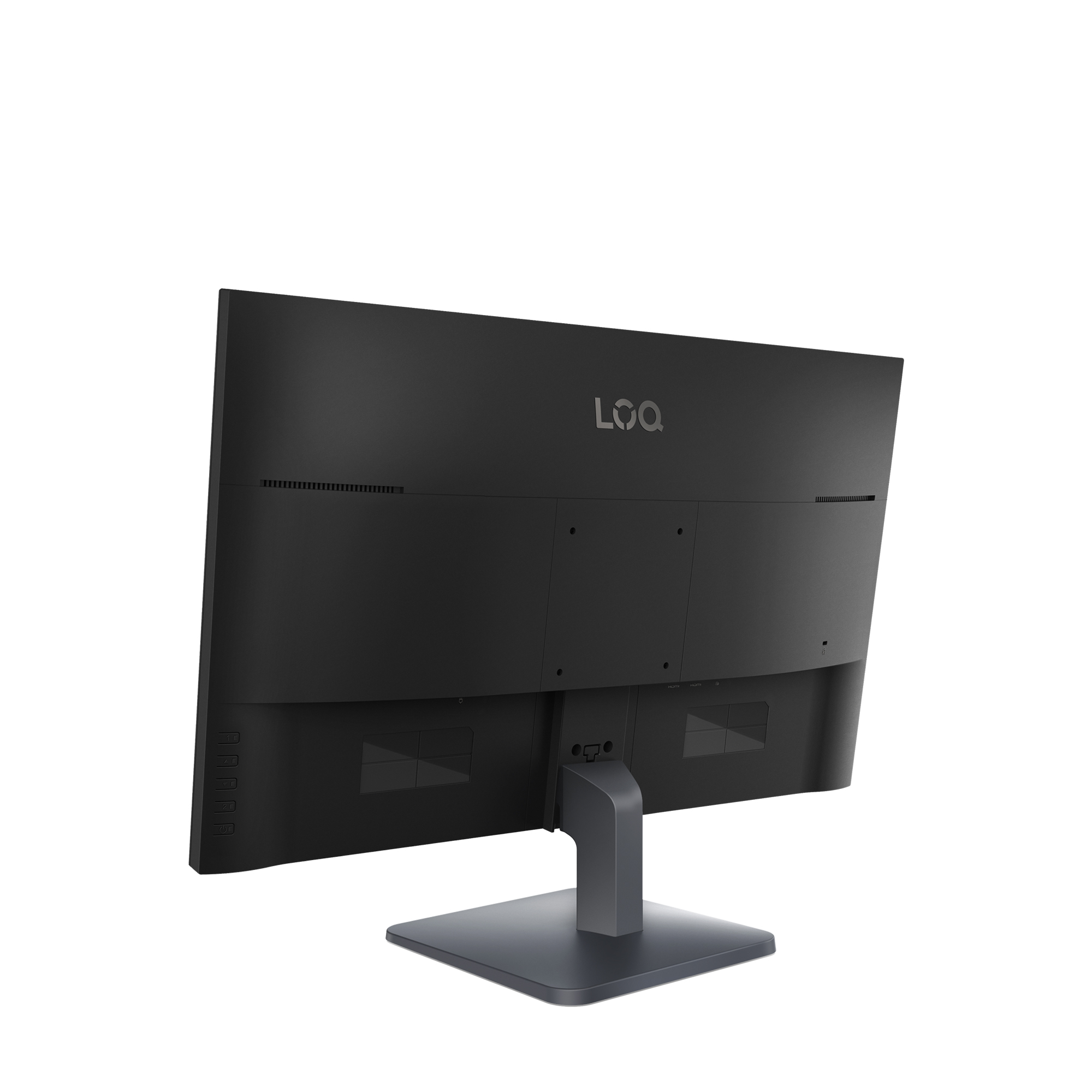 Rückseite eines schwarzen Monitors mit Logoprägung und Standfuß.