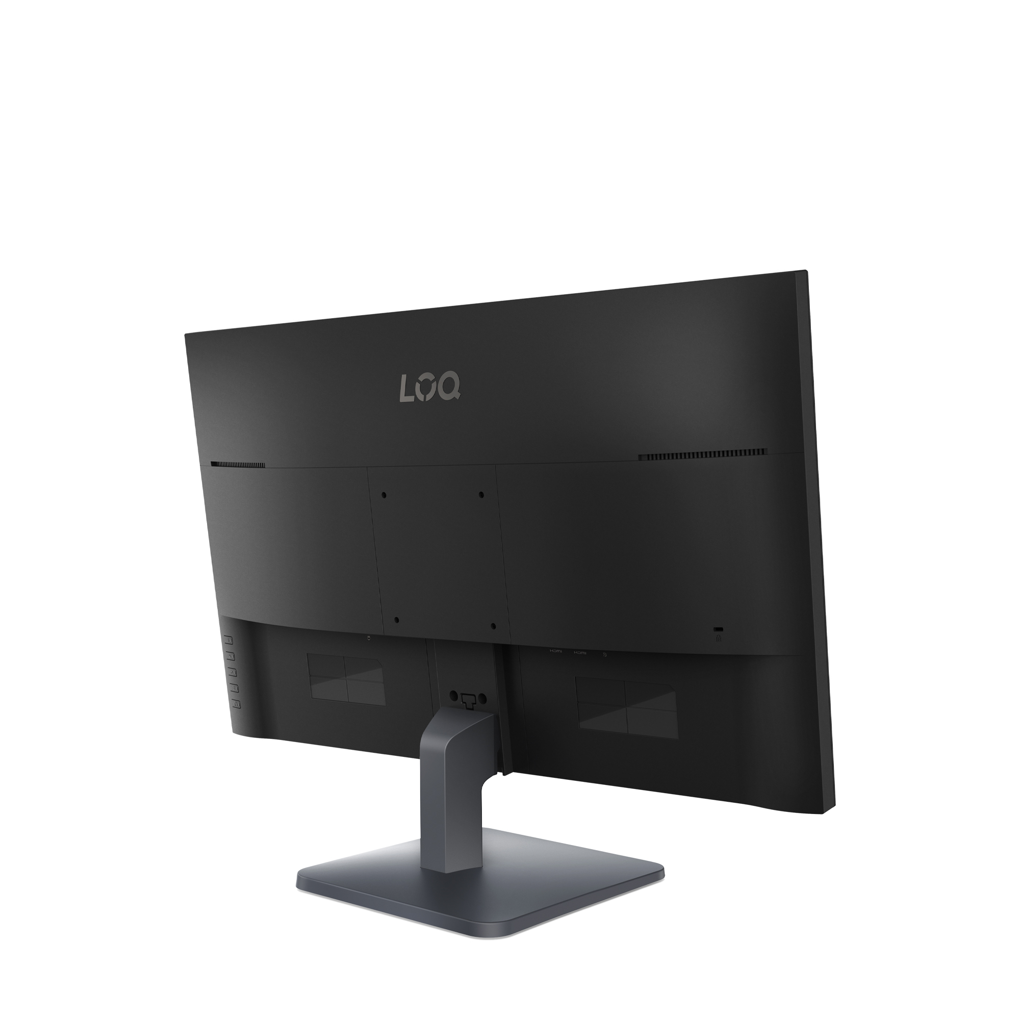 Rückseite eines schwarzen Monitors mit silbernem Standfuß, weißer Hintergrund.