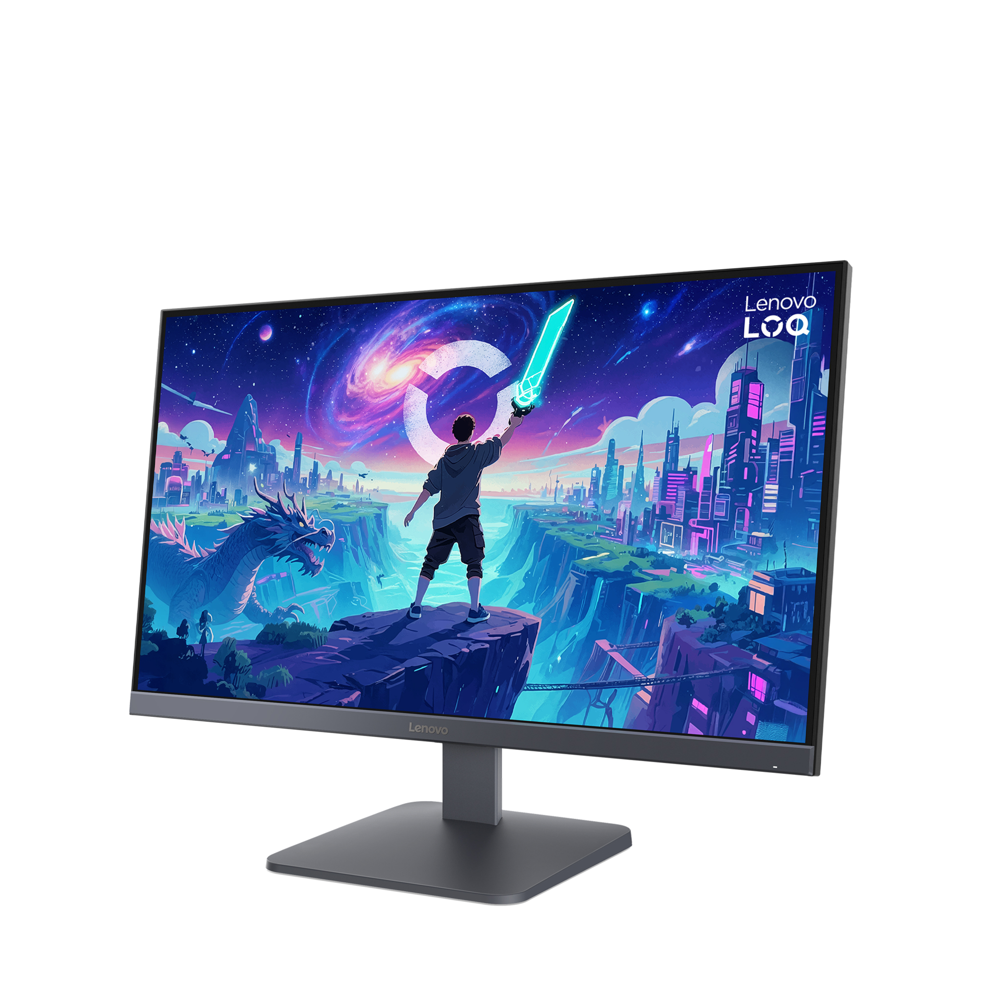 Ein Monitor zeigt ein buntes Fantasy-Bild mit Drachen, Stadt und Weltraum.