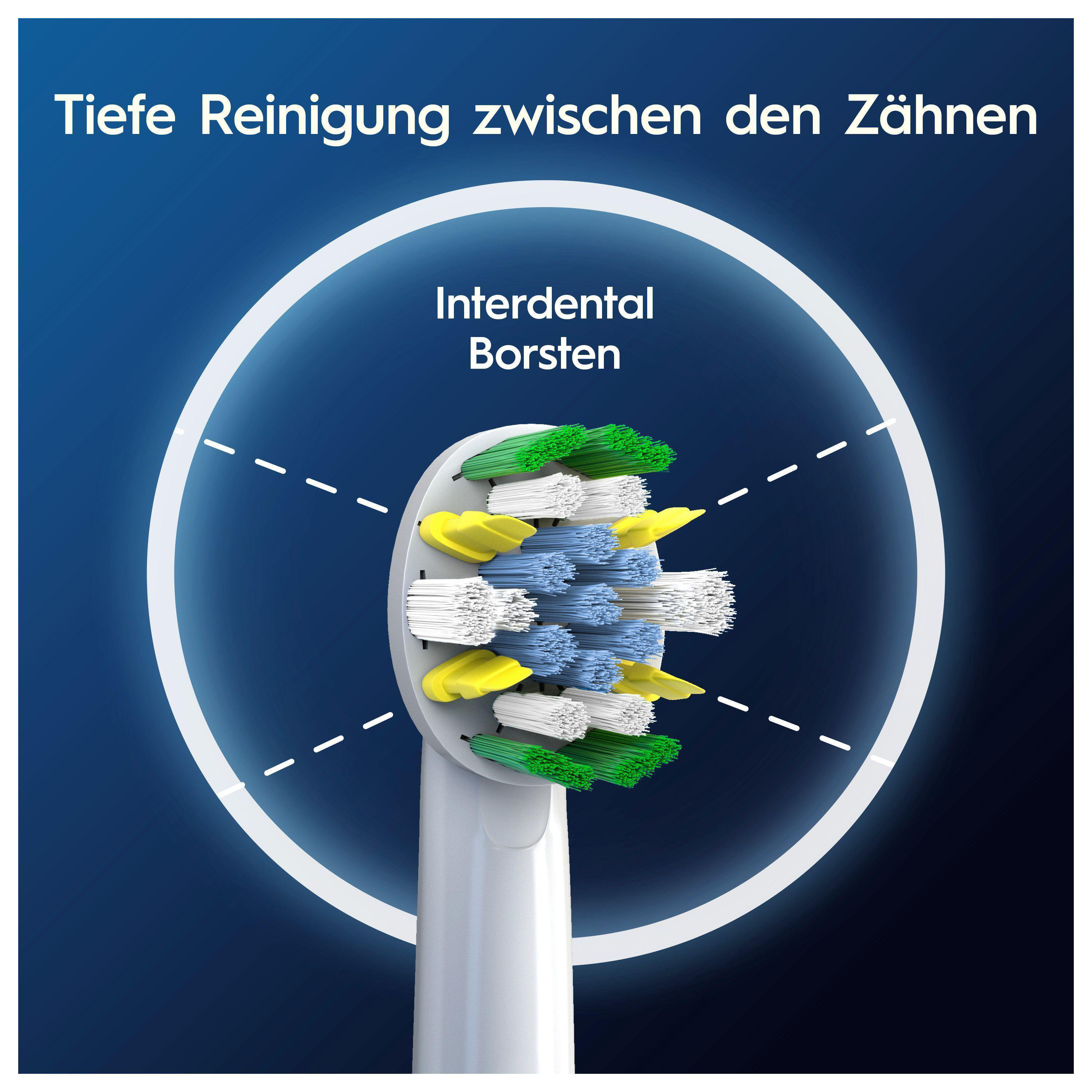 Elektrische Zahnbürste mit Borsten in Grün, Blau, Weiß und Gelb.