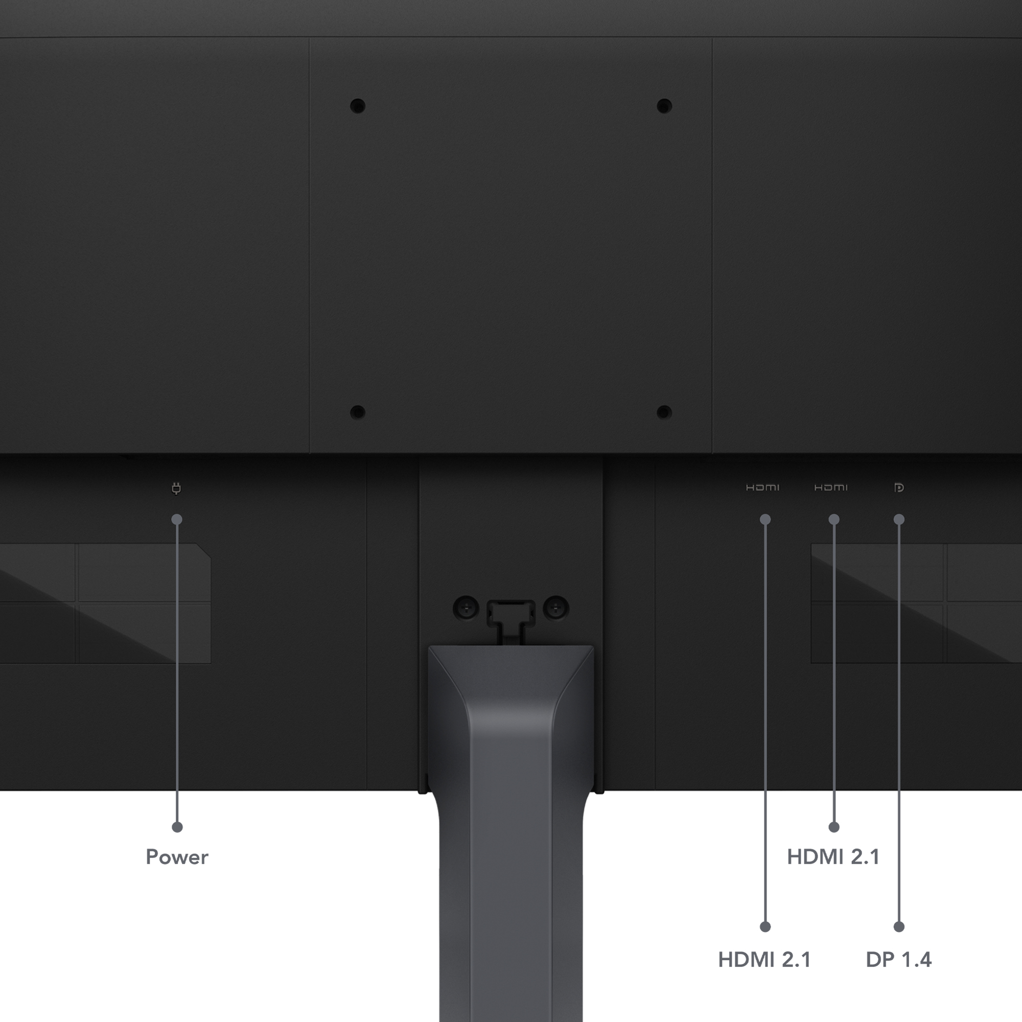 Rückseite eines Monitors mit Anschlüssen: Strom, HDMI 2.1 und DP 1.4.