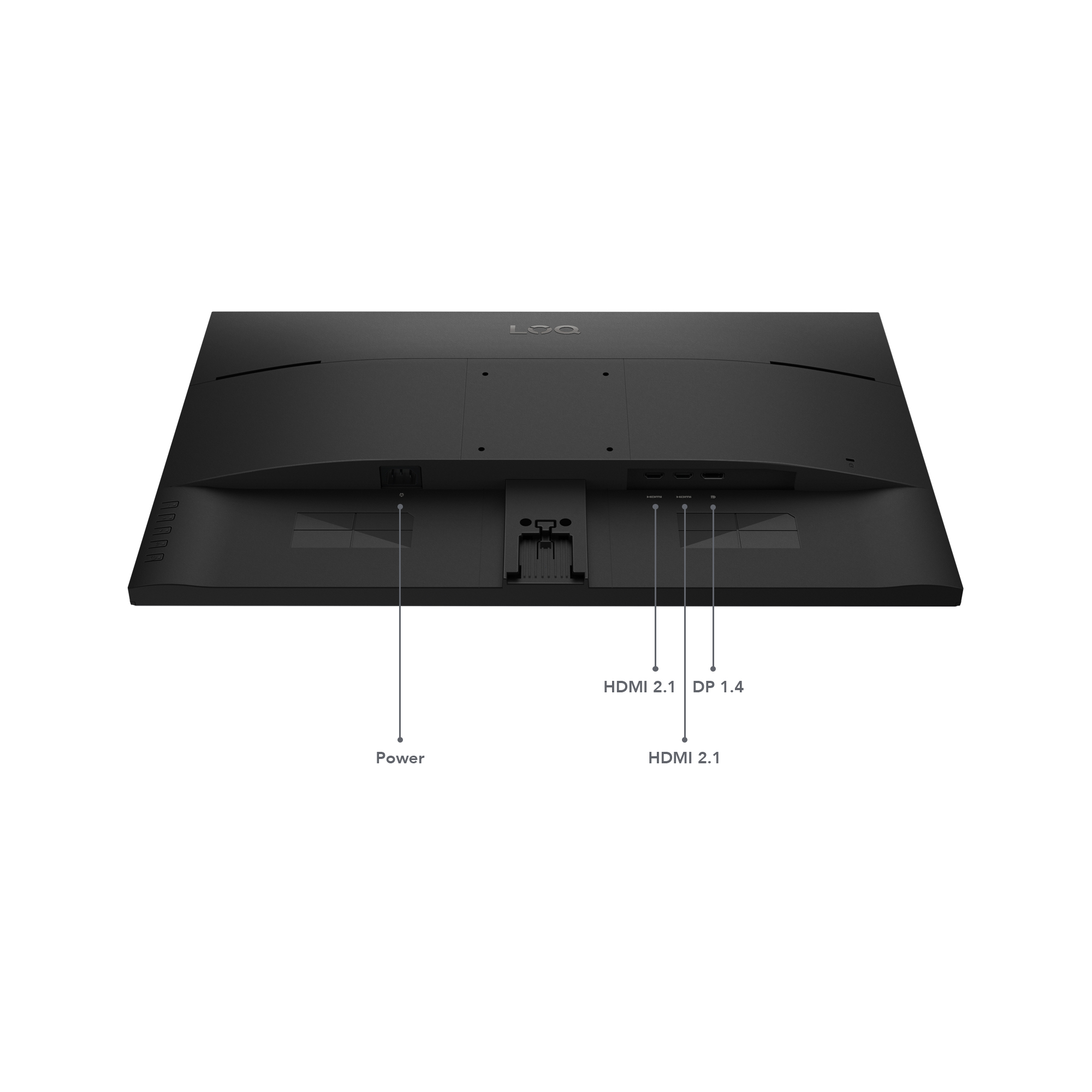 Rückseite eines schwarzen Monitors mit Anschlüssen: Strom, HDMI 2.1, HDMI 2.1, DP 1.4.