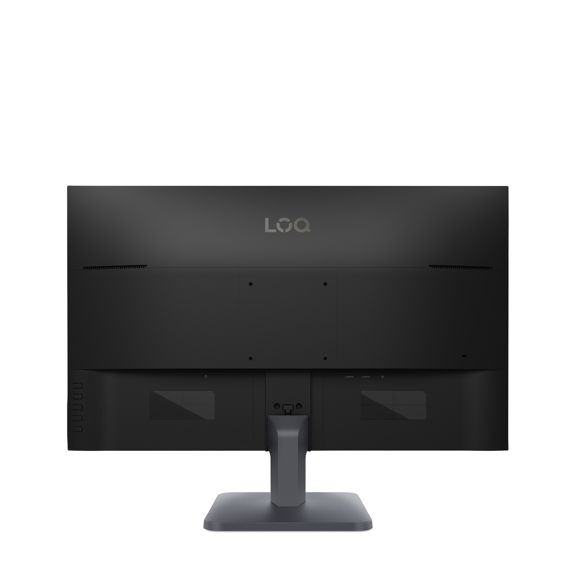 Rückseite eines schwarzen Monitors mit LOQ-Logo und Anschlüssen.