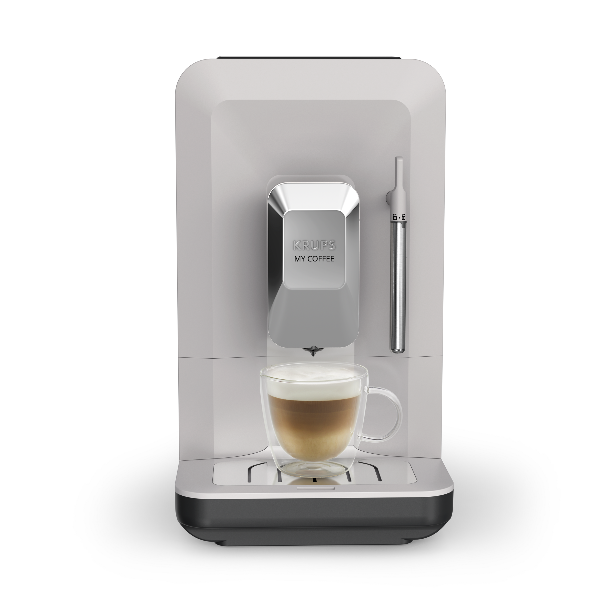 Egy fehér KRUPS kávéfőző egy csésze cappuccinóval.