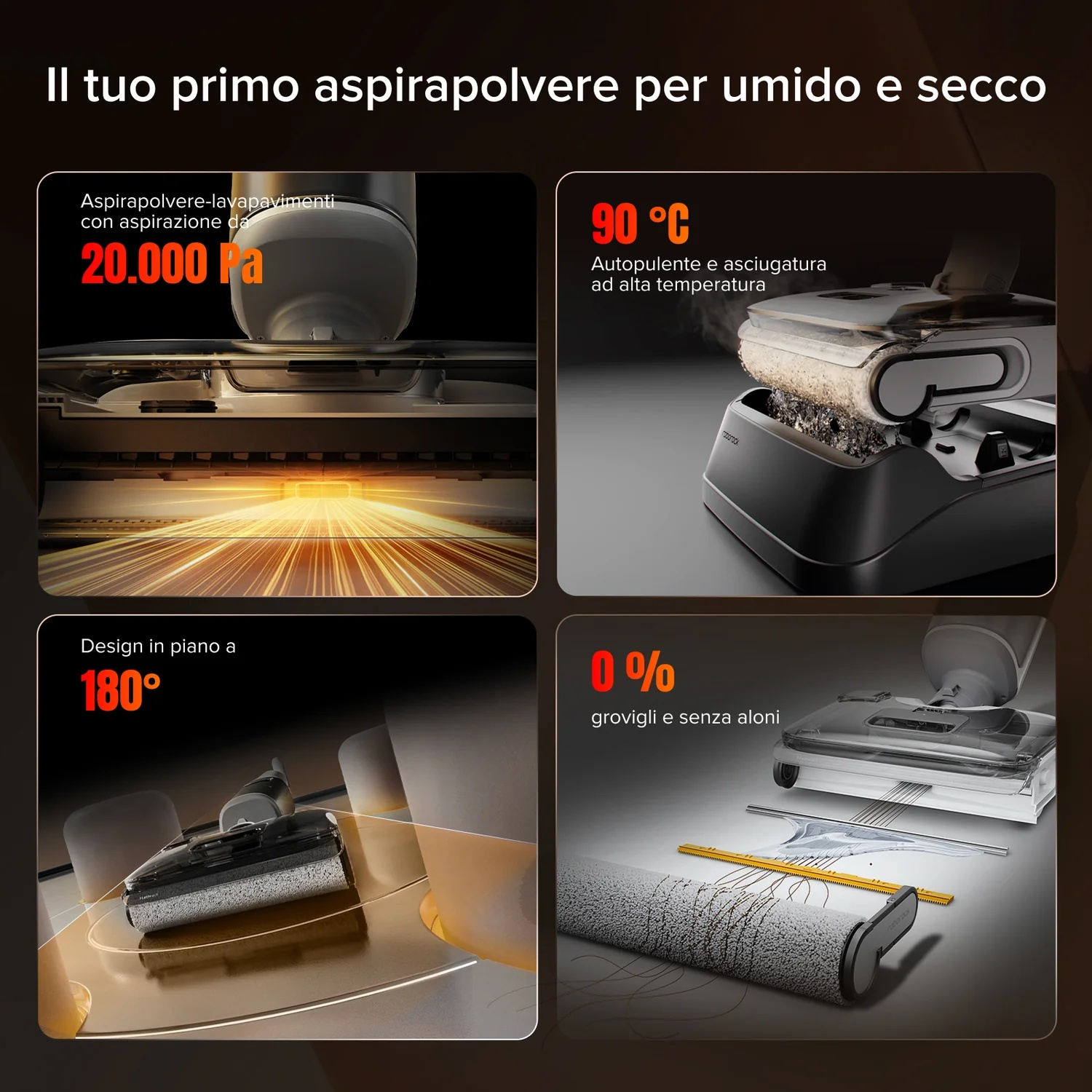Aspirapolvere lavapavimenti con aspirazione 20K Pa, autopulizia e asciugatura 90°C, design piatto 180°.