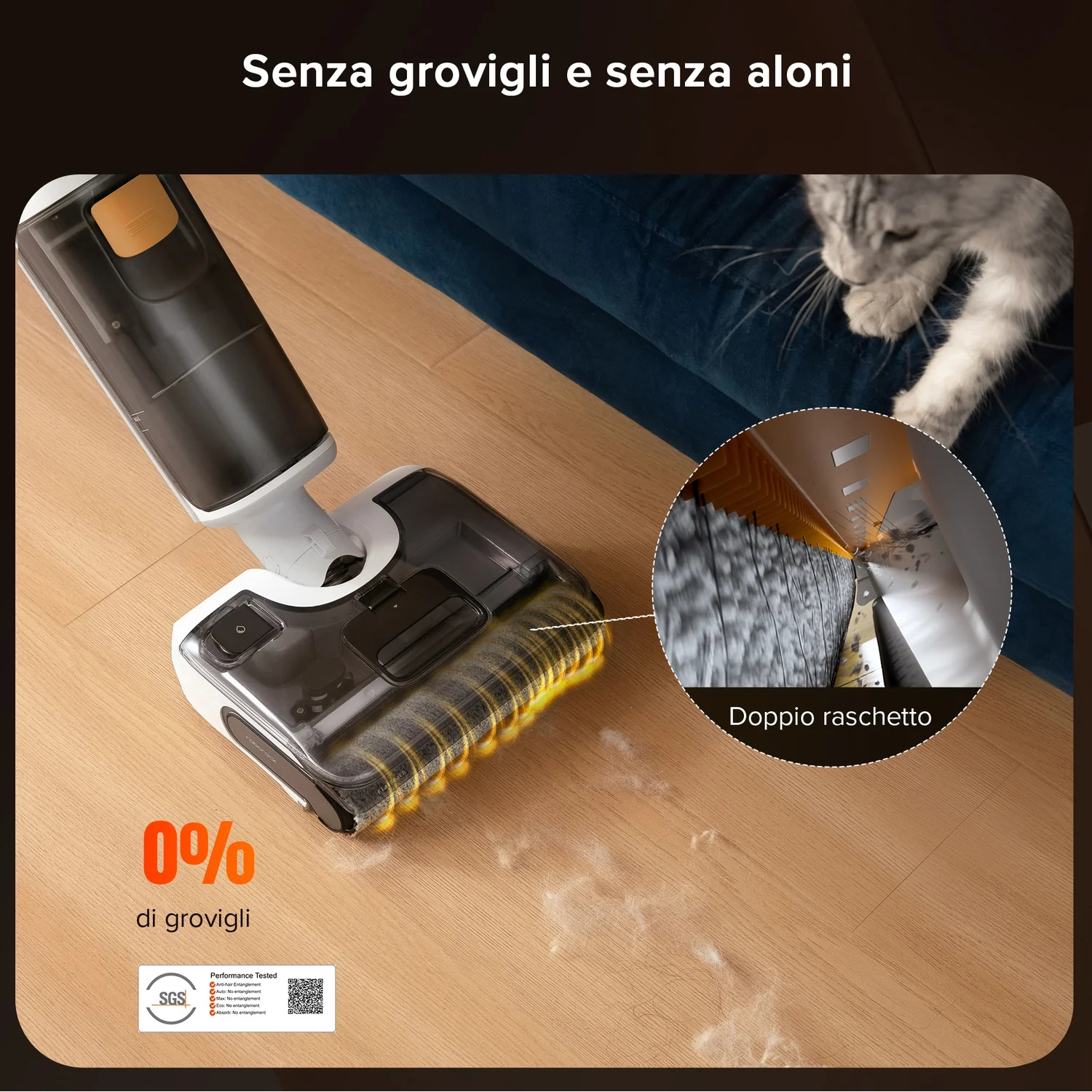 Aspirapolvere raccoglie capelli; 0% groviglio. Primo piano con gatto.