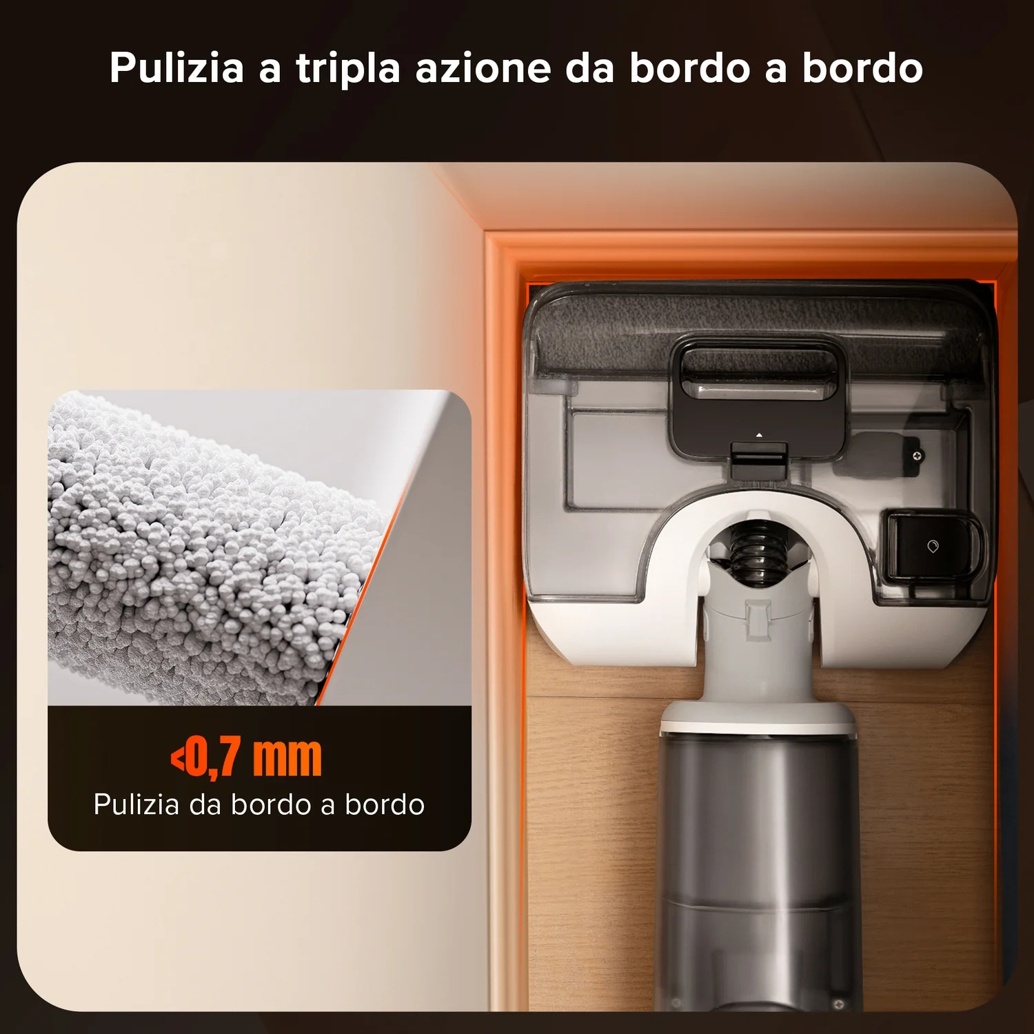 Primo piano di una testina di aspirazione con spazzola che raccoglie polvere.