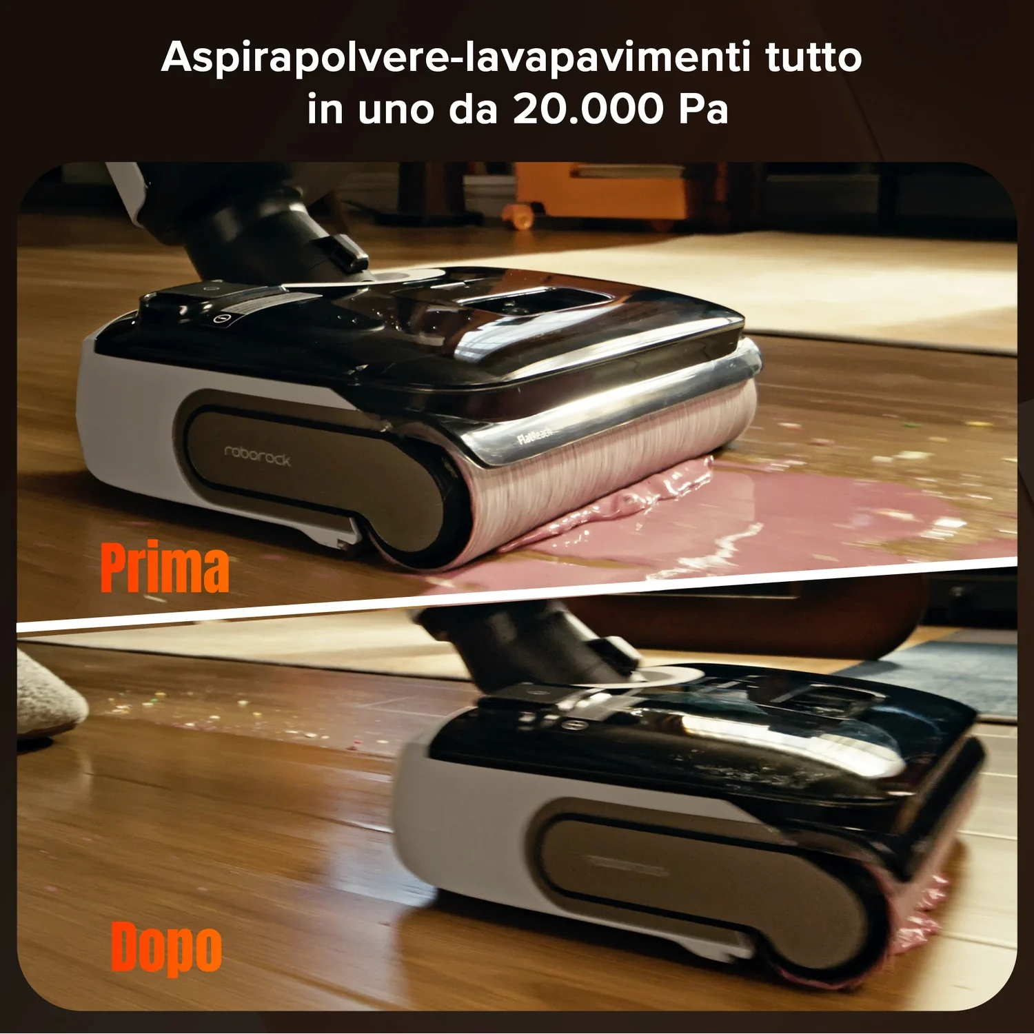 Un robot aspirapolvere lava pavimenti pulisce un liquido versato su un parquet.