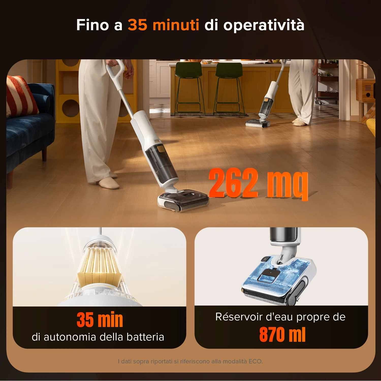 Lavapavimenti: 35 min autonomia, 262 mq, serbatoio 870 ml.