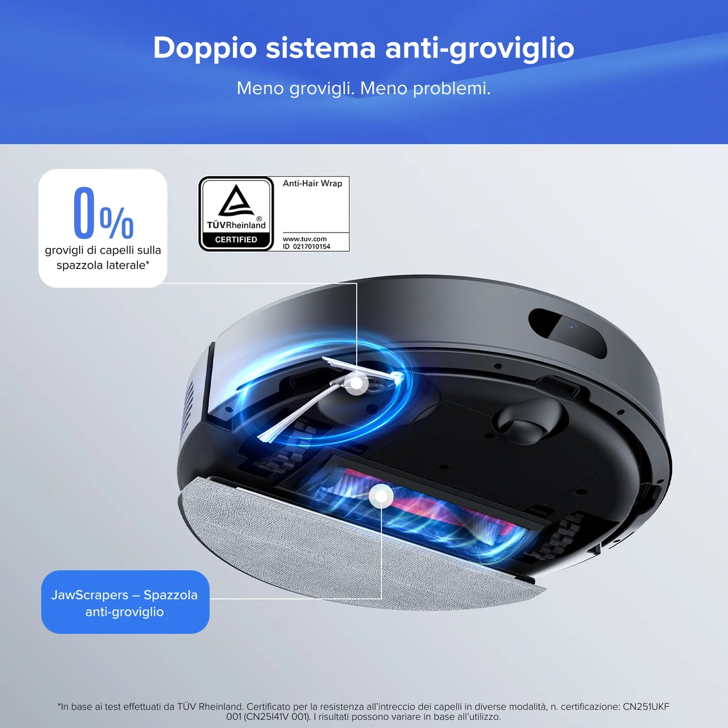 Robot aspirapolvere con sistema anti-groviglio. Mostra 0% di grovigli di capelli sulla spazzola laterale.