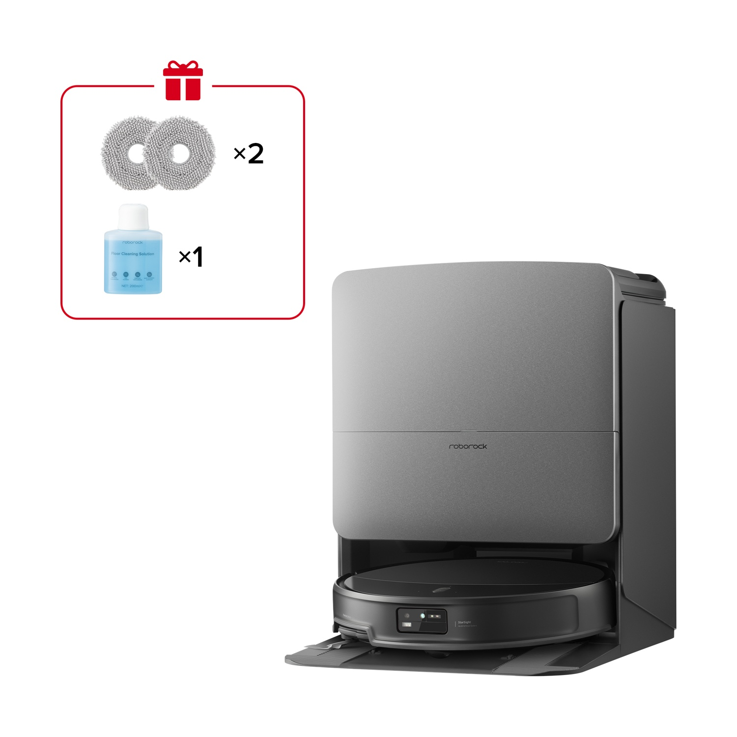 Robot aspirapolvere grigio con dock di ricarica e kit soluzione pulente.