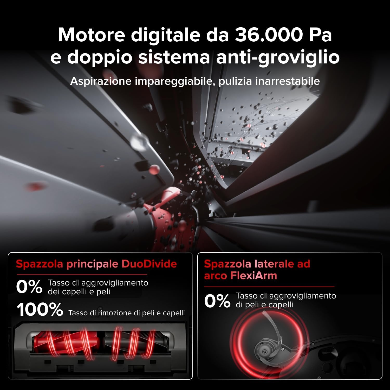Motore digitale 36.000 Pa, sistema anti-groviglio. Accessori aspirapolvere.