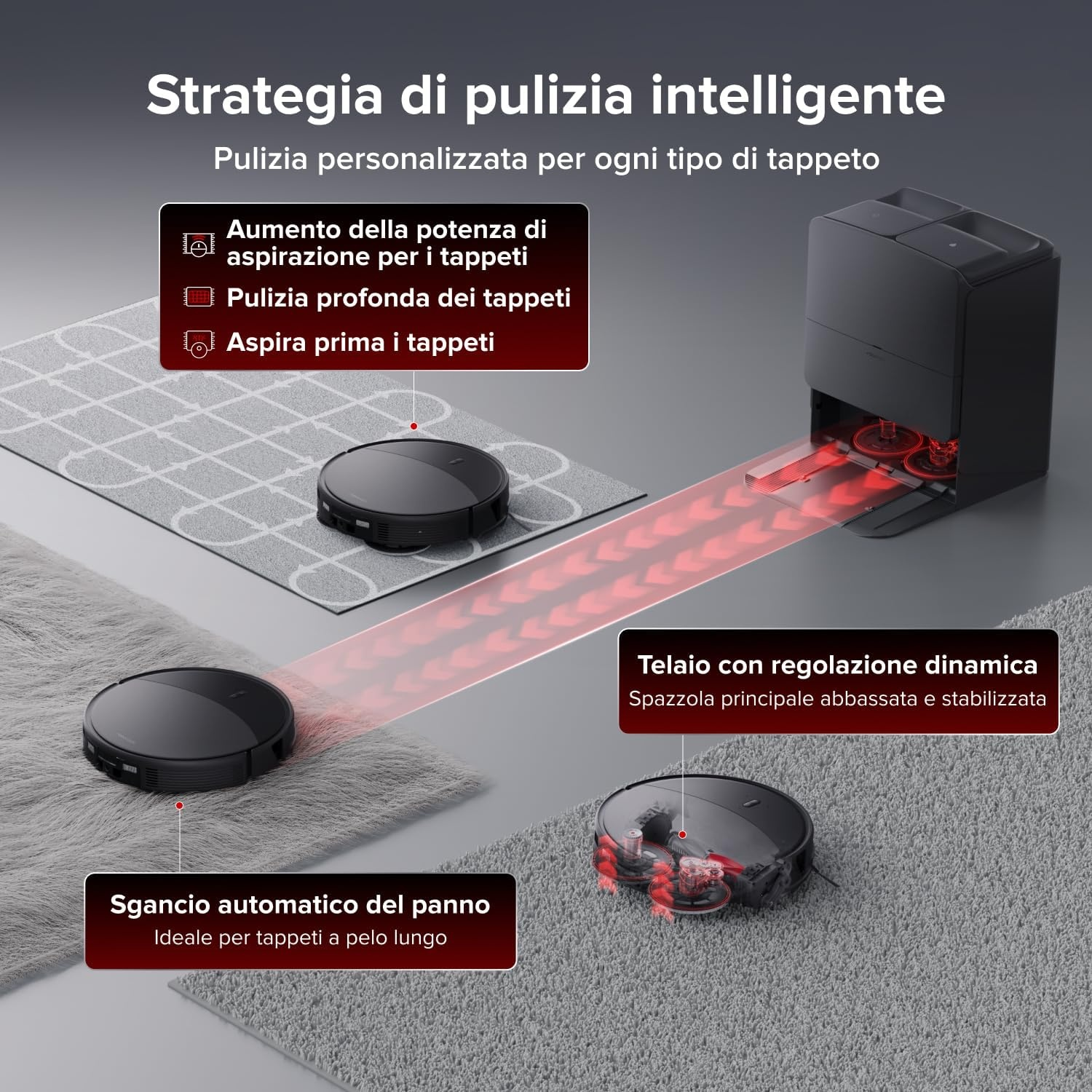 Robot aspirapolvere pulisce intelligentemente tappeti con funzioni adattive.