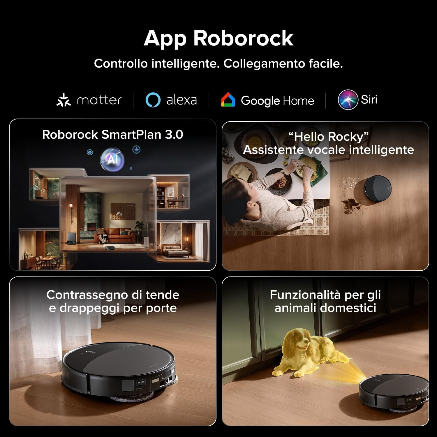App Roborock con SmartPlan 3.0, assistente vocale, riconoscimento tende e funzione animali.