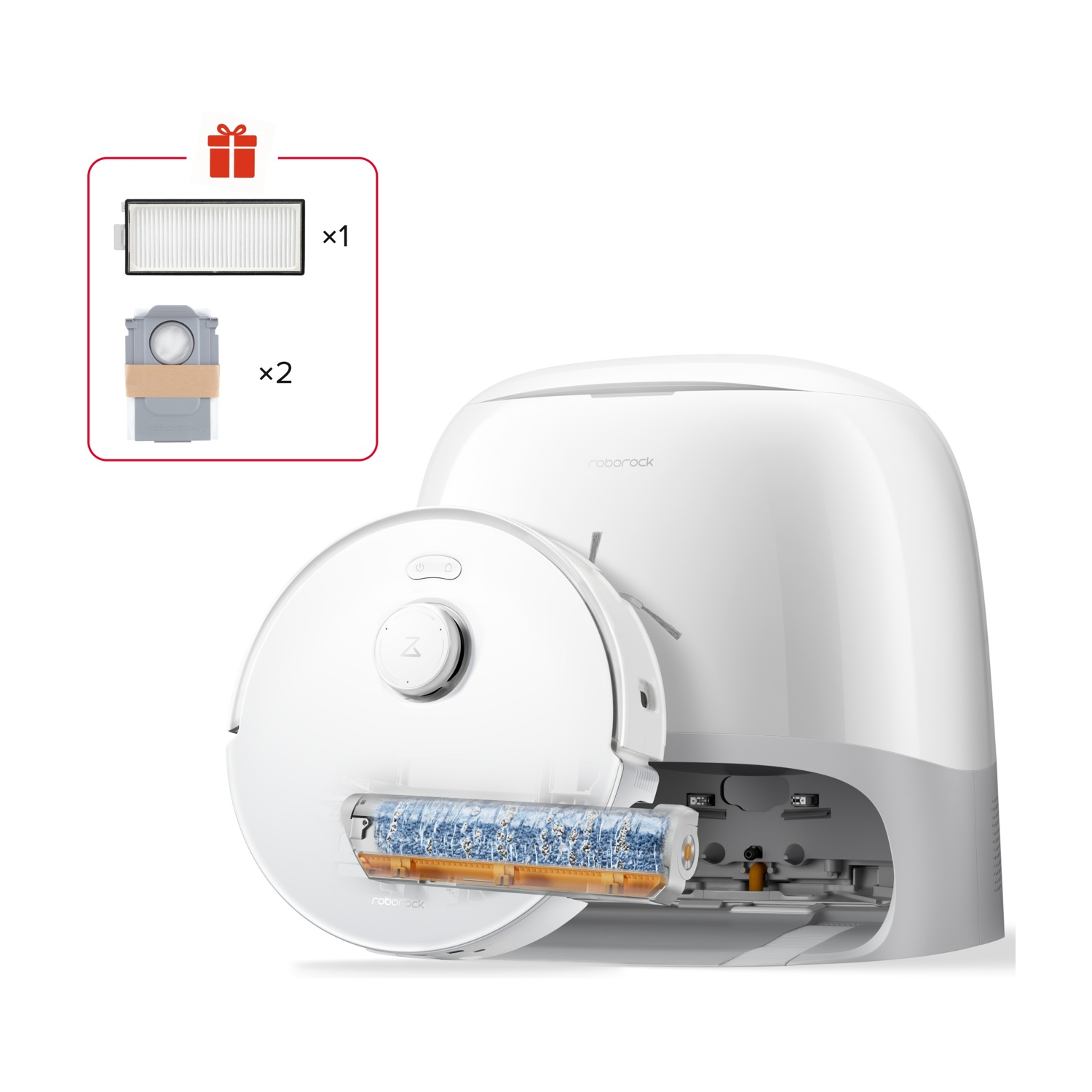 Robot aspirapolvere con dock e accessori: 1 filtro, 2 sacchi polvere.
