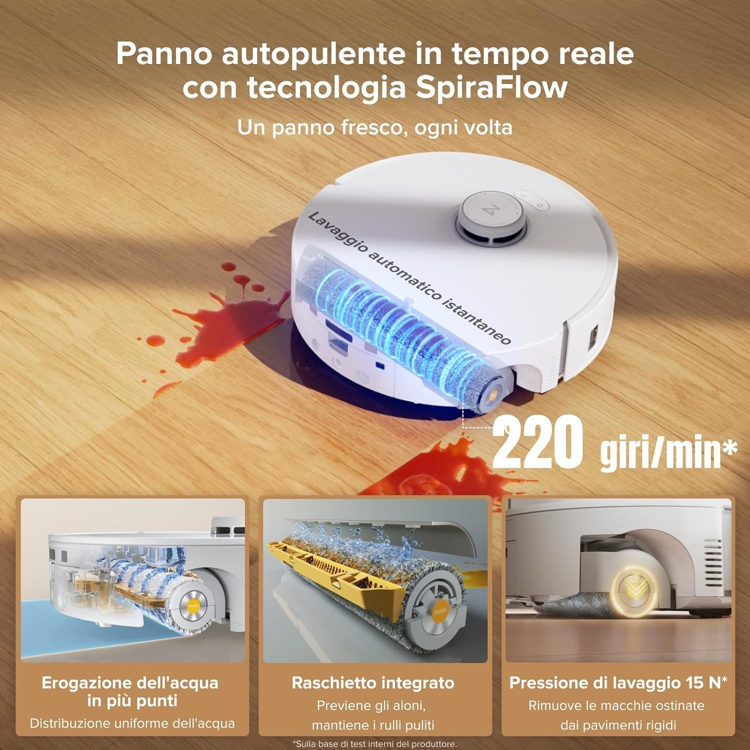 Un robot aspirapolvere bianco con tecnologia SpiraFlow pulisce un pavimento in legno.