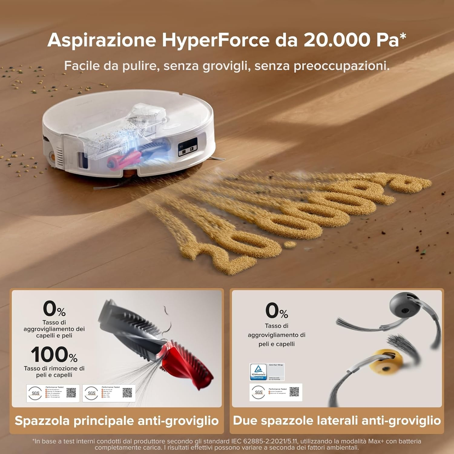 Un robot aspirapolvere bianco aspira polvere e peli. Mostra spazzole e test.