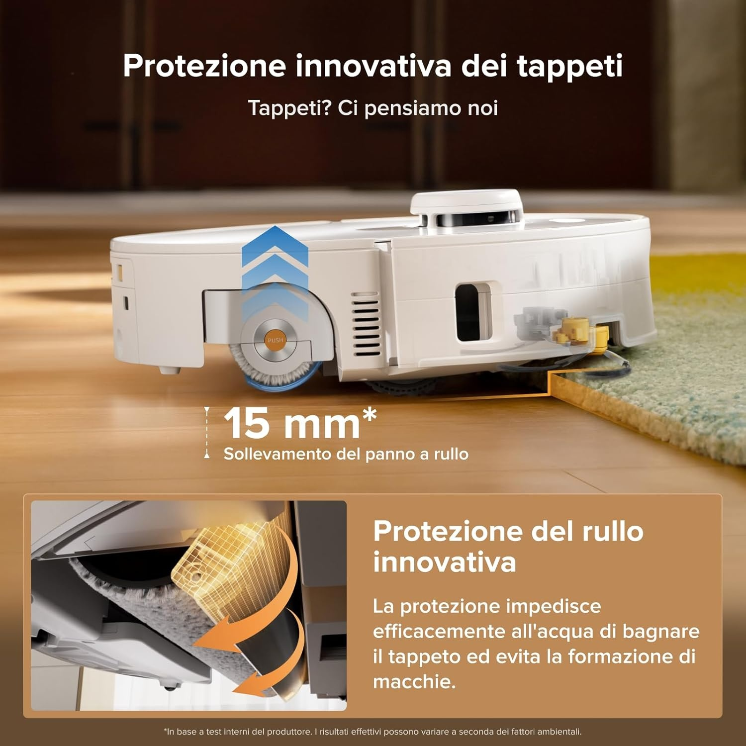 Un robot aspirapolvere bianco solleva la spazzola 15 mm per proteggere i tappeti.