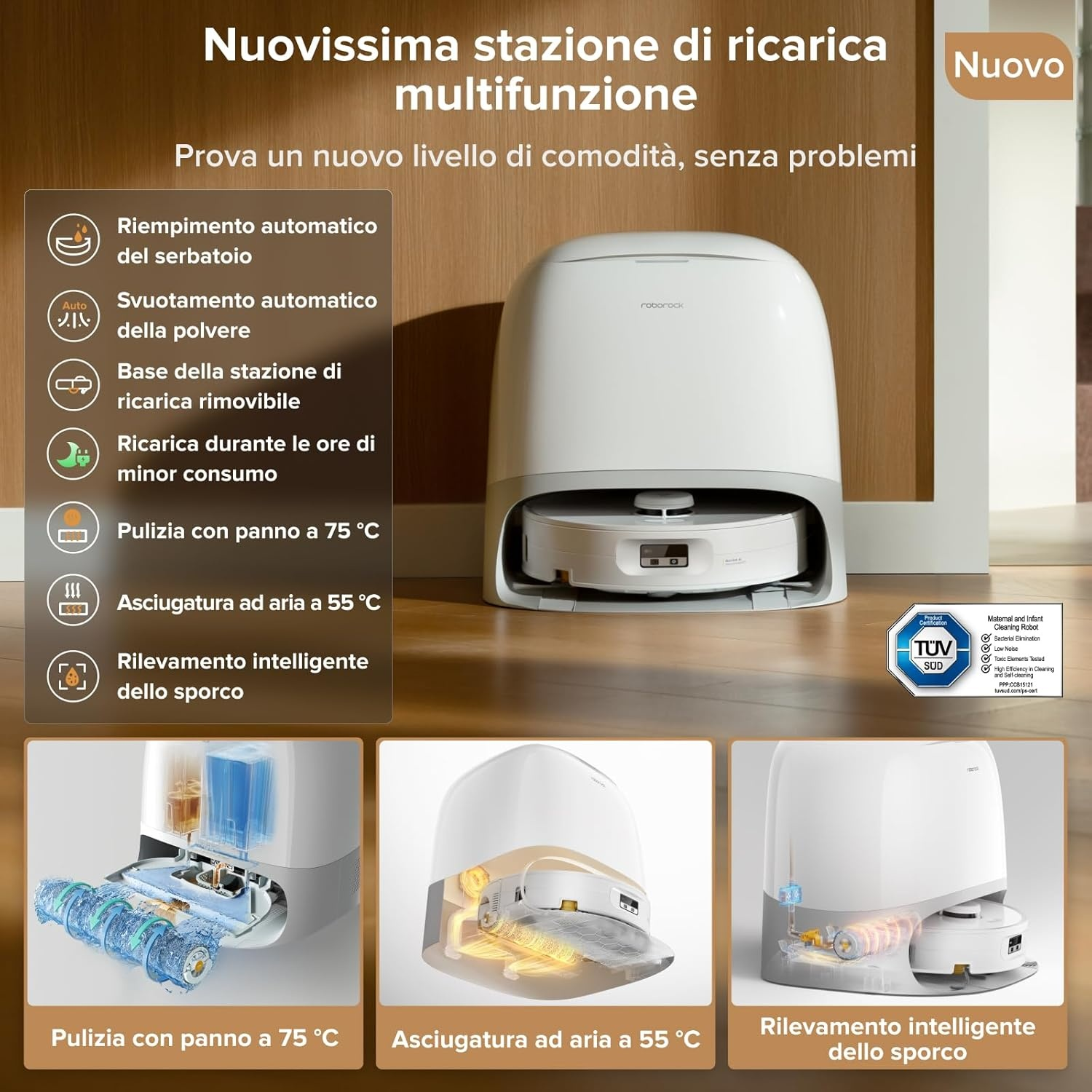 Un robot aspirapolvere bianco con stazione di ricarica, svuota polvere e lava.
