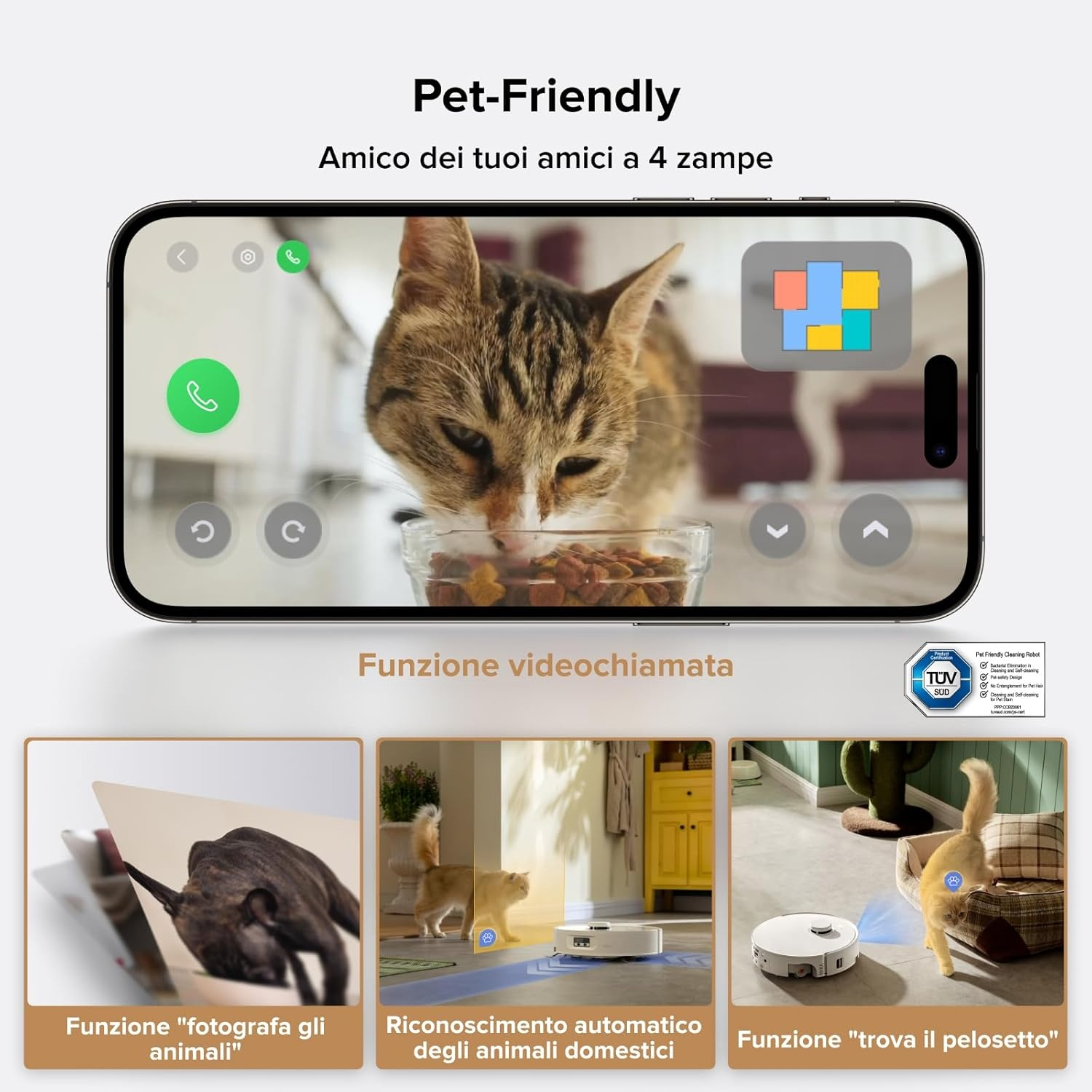 Smartphone mostra un gatto che mangia; sotto, robot aspirapolvere interagiscono con animali.