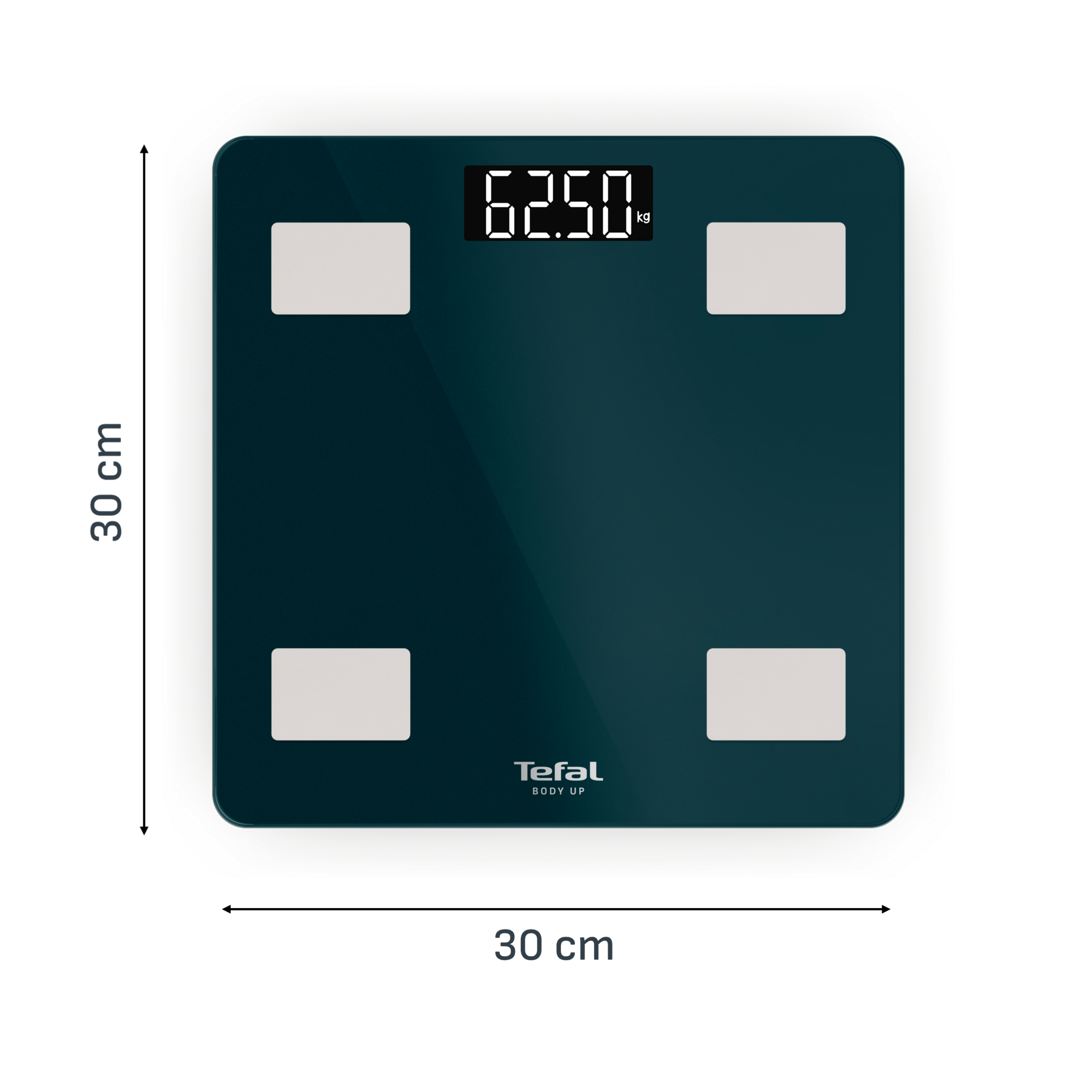 Egy smaragdzöld digitális mérleg, amely 62,50 kg-ot mutat a kijelzőjén.