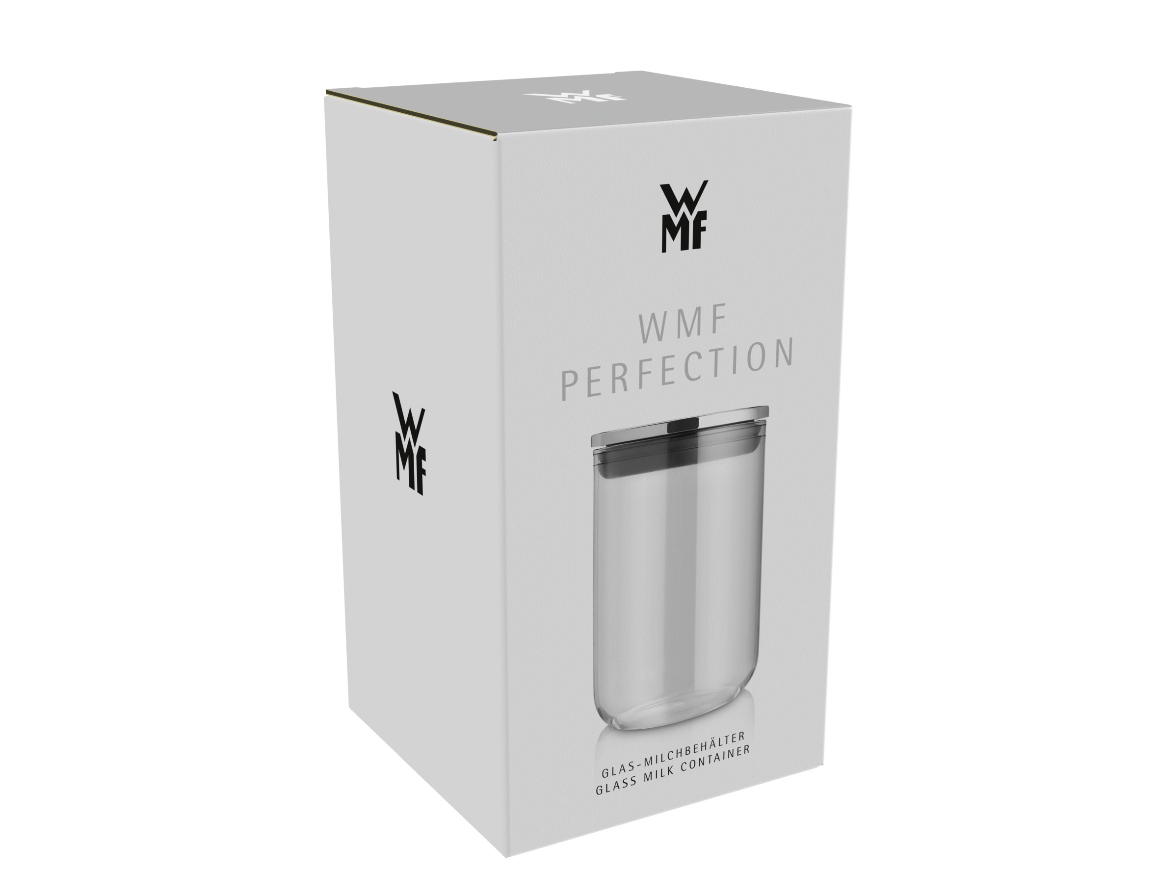WMF Perfection üvegtartály fekete fedéllel fehér csomagoláson.