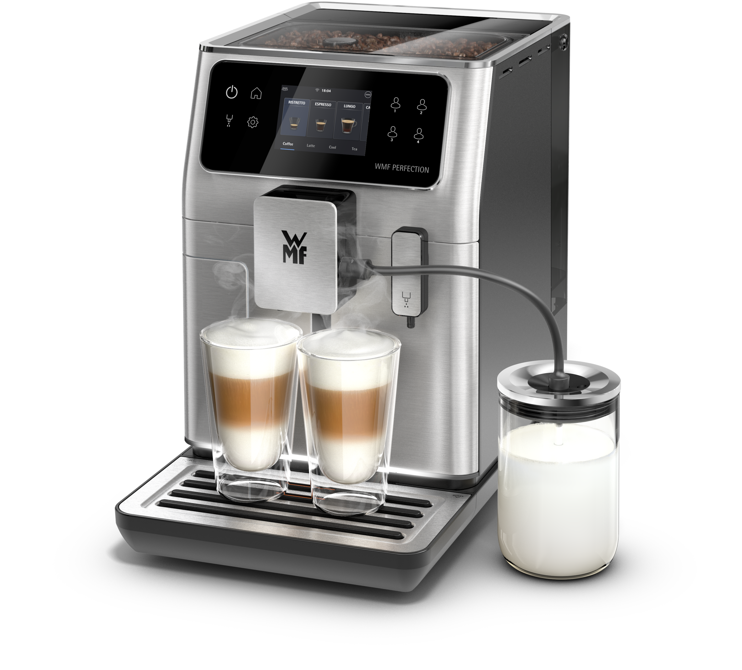Ezüst kávéfőző két pohár latte macchiatóval és egy tejtartóval.