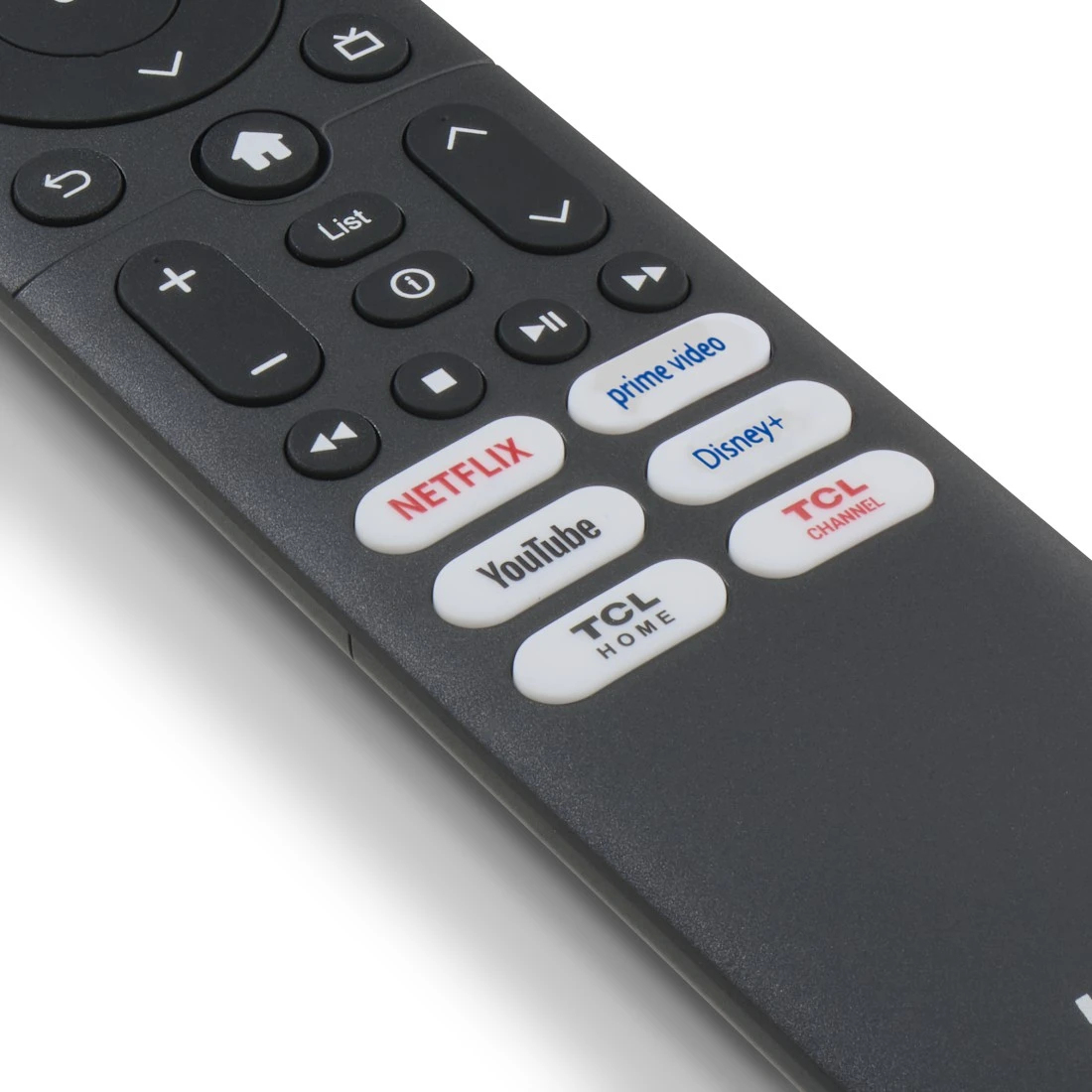 Mando a distancia negro con botones para Netflix, YouTube, Prime Video, Disney+.