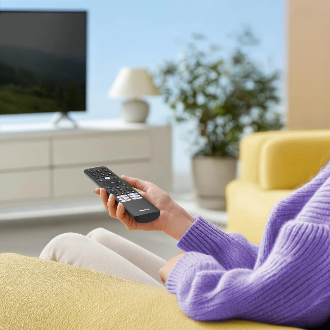 Una mano sostiene un mando a distancia frente a un televisor y muebles de salón.