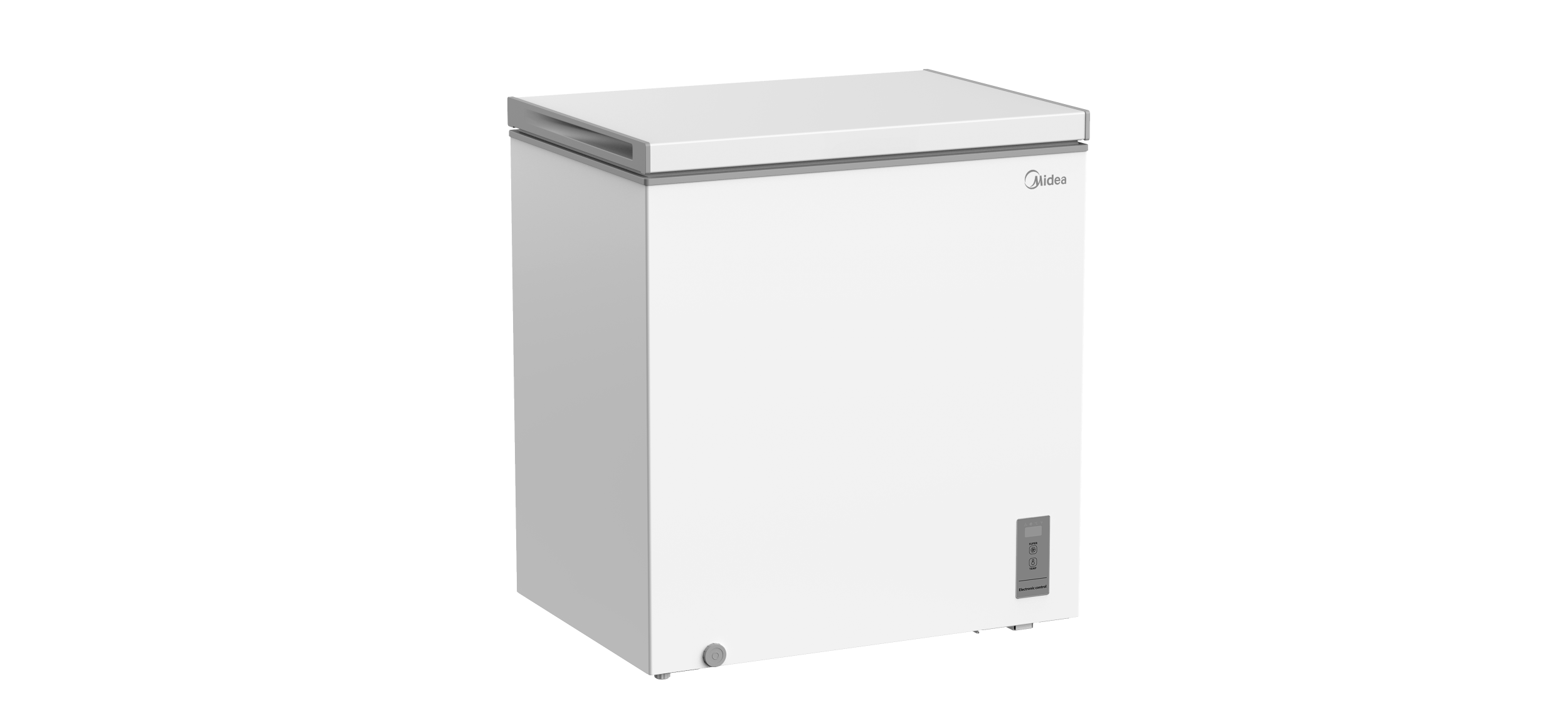 Un congelador horizontal blanco con asa plateada y logo Midea.