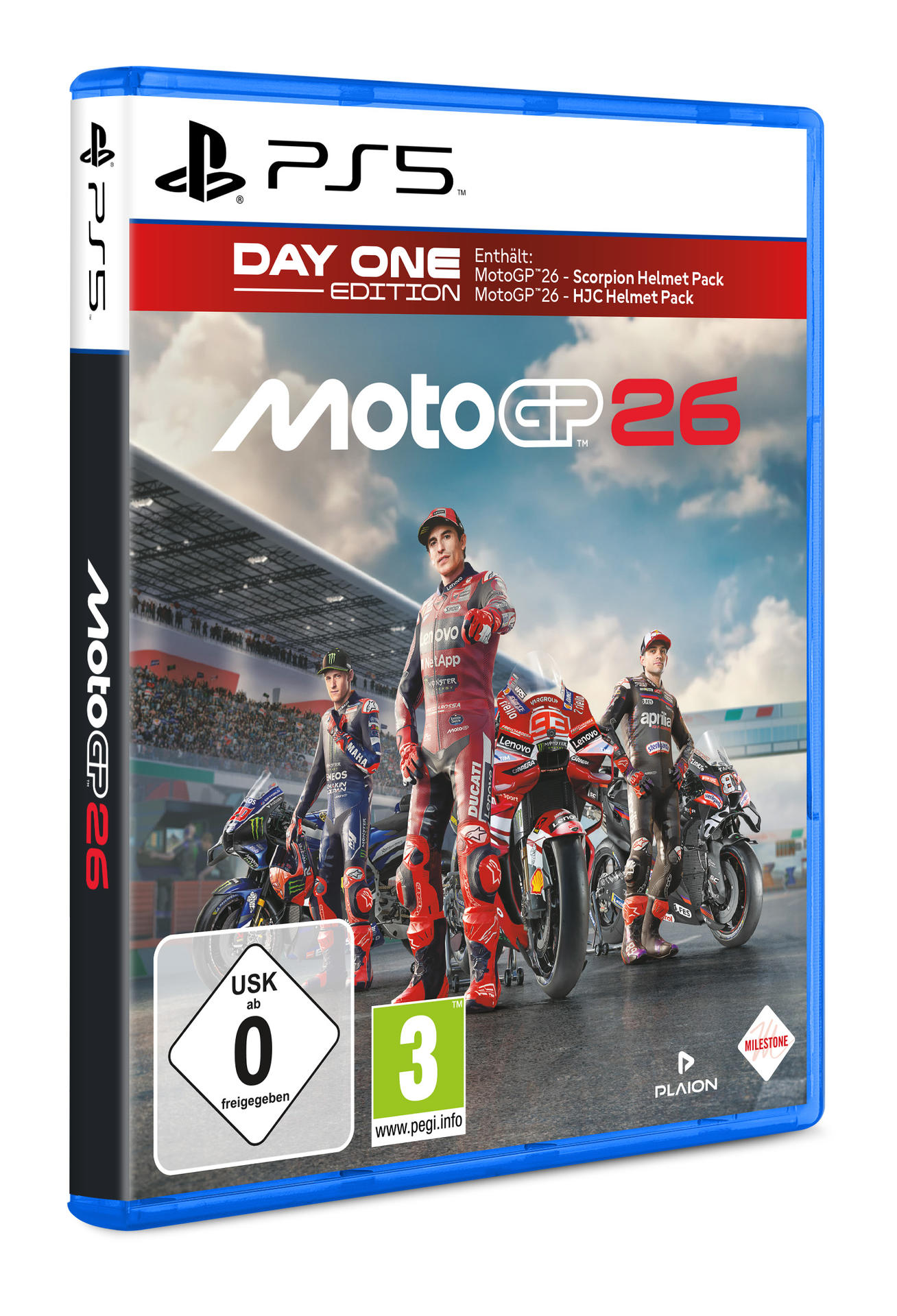 PS5 Spiel "MotoGP 26" Day One Edition mit drei Fahrern und Motorrädern vor einer Tribüne.