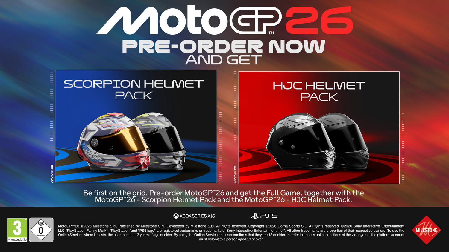 MotoGP 26 Spielwerbung mit zwei Helm-Packs: Scorpion und HJC.