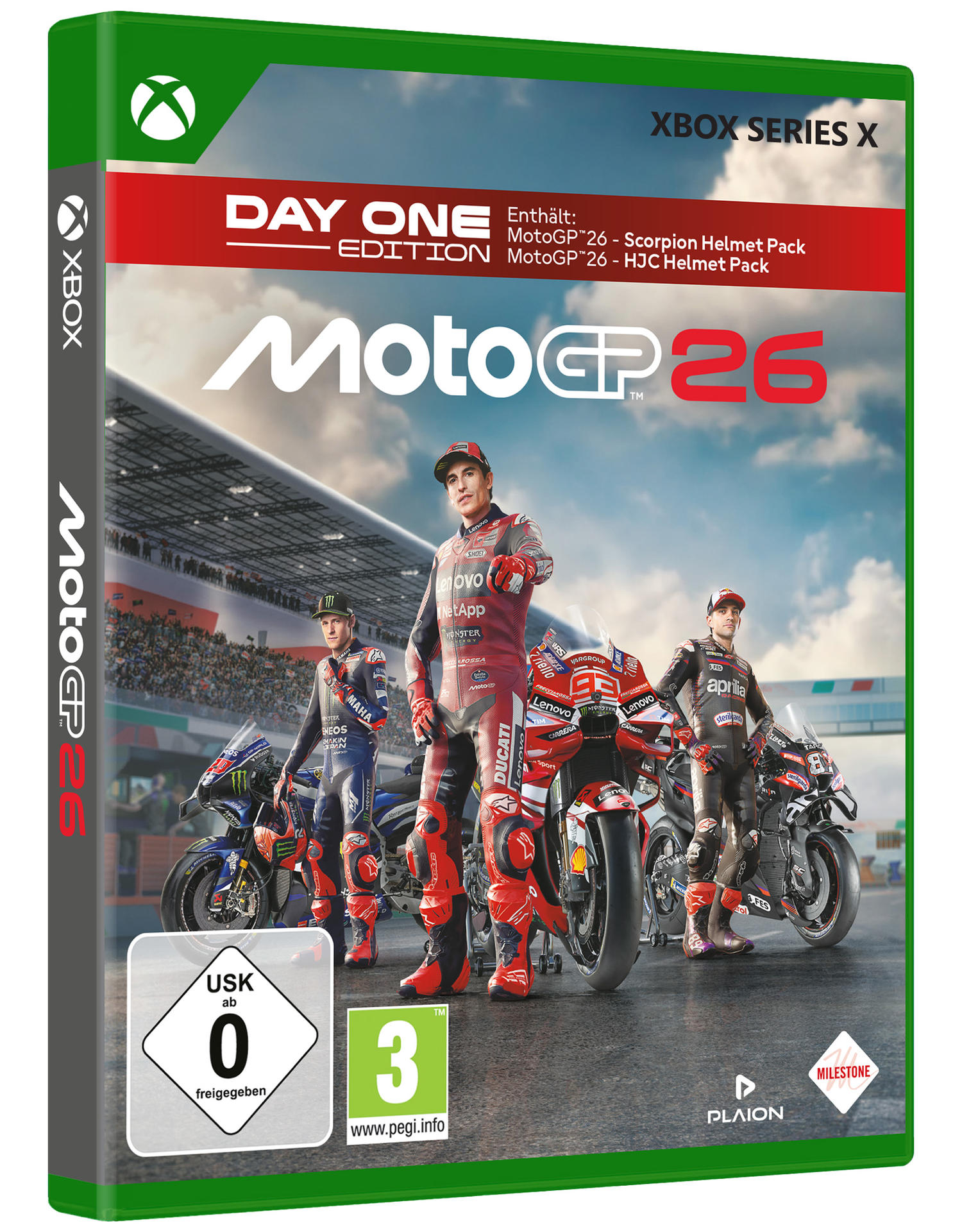 Xbox Series X Spielverpackung mit drei Motorradfahrern und Motorrädern auf einer Rennstrecke.