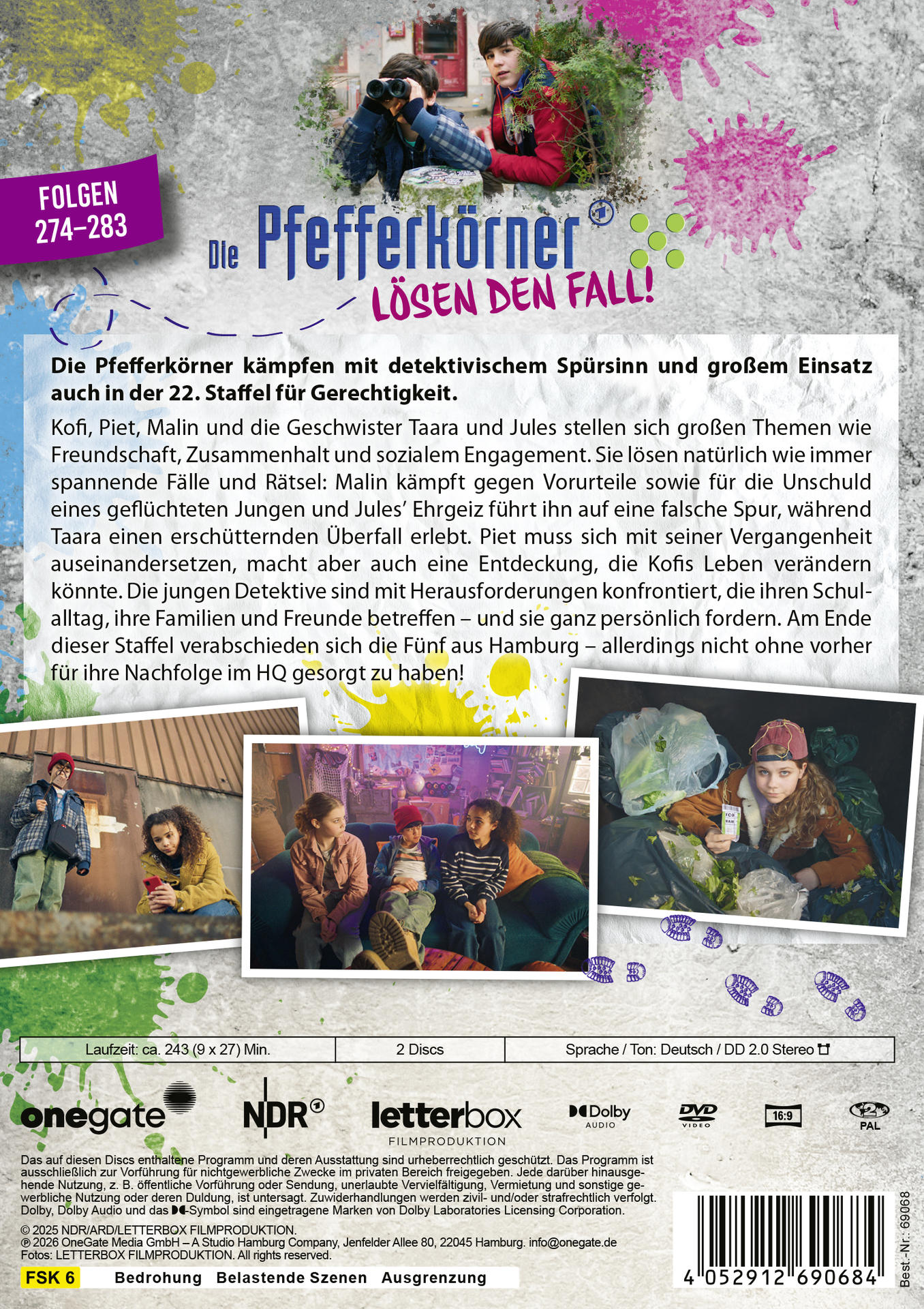 DVD-Cover: Zwei Jungen mit Fernglas, Titel „Die Pfefferkörner“, Episodenliste.