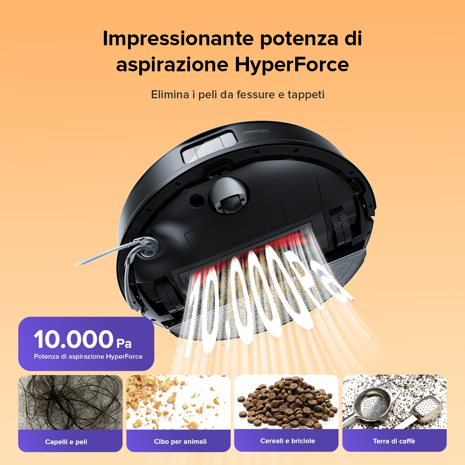 Un robot aspirapolvere aspira peli, cibo per animali, briciole e fondi di caffè.