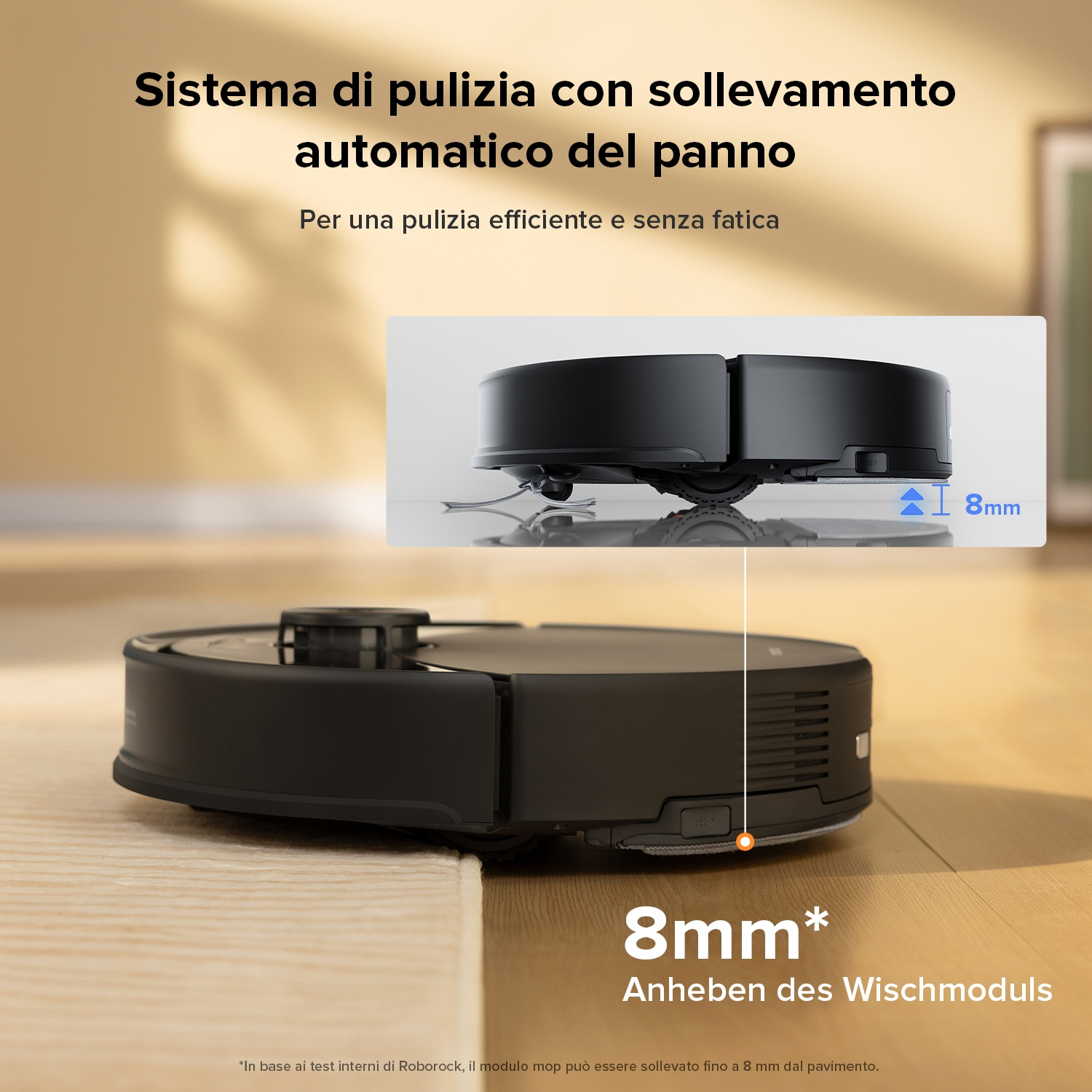 Un robot aspirapolvere nero solleva il suo modulo lavapanni 8mm.